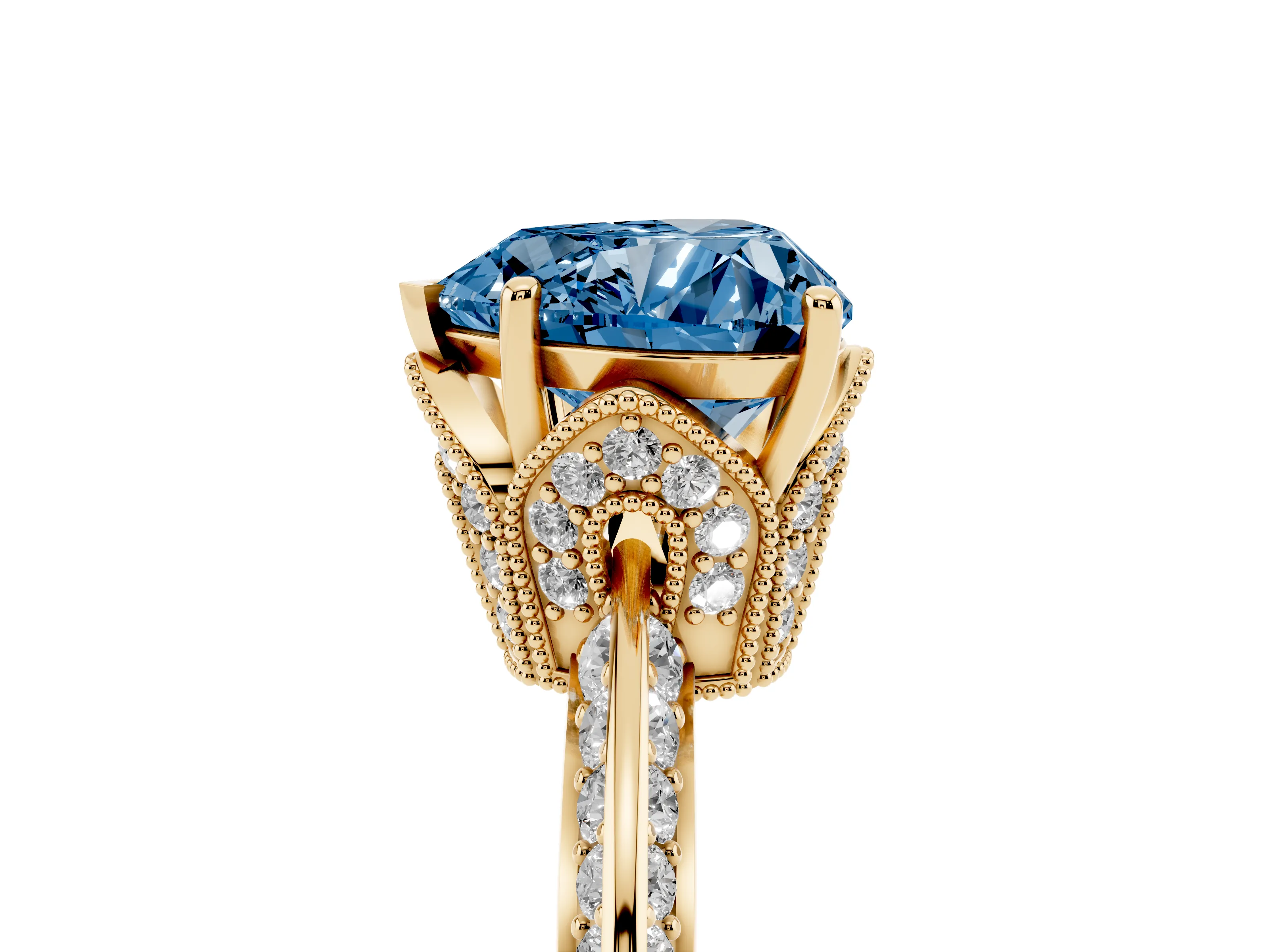 Fancy Blue Heart Cut Diamond Solitaire Engagement Ring Set in Yellow gold with Pavé Split Shank and Prong Setting