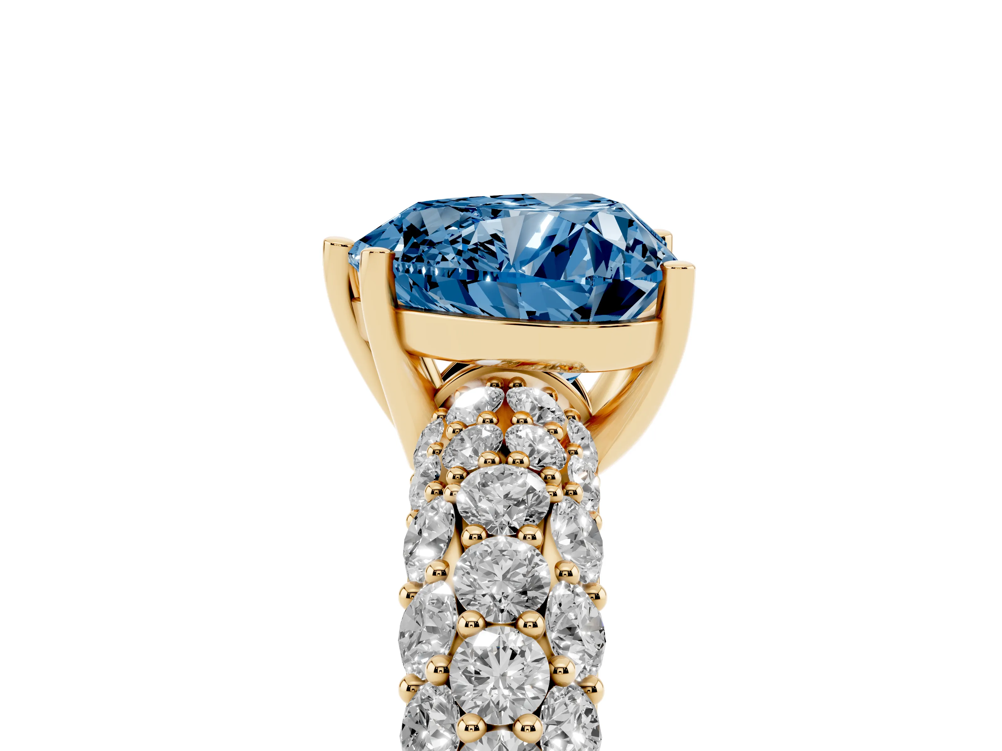 Fancy Blue Heart Cut Diamond Pavé Band Solitaire Ring Set in Yellow gold with Close-Set Accent Stones and Prong Setting