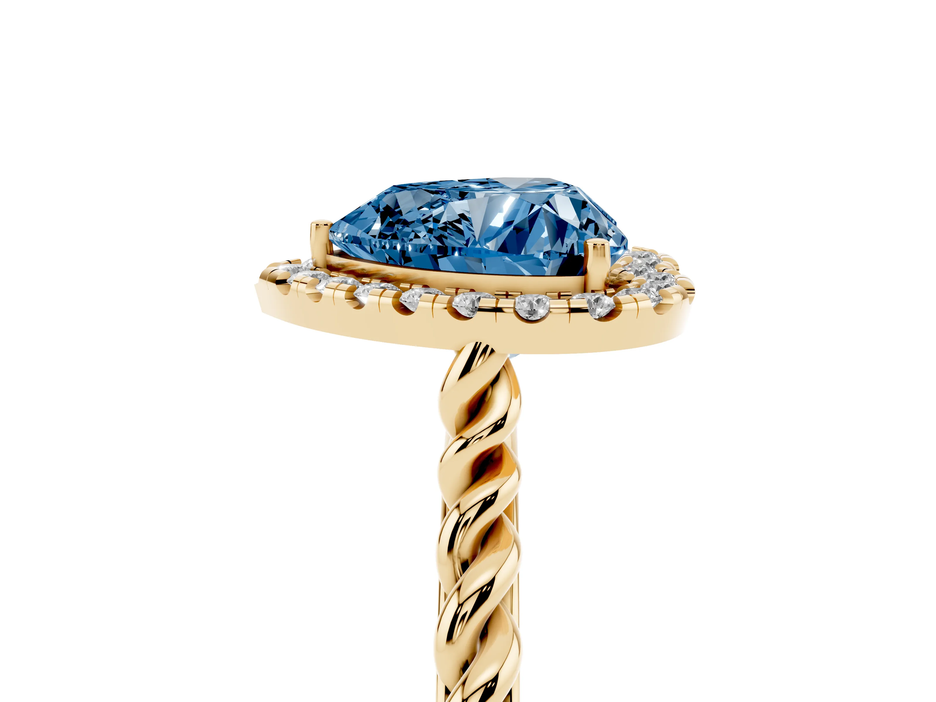 Fancy Blue Heart Cut Diamond Halo Ring Set in Yellow gold with Plain Twisted Band
