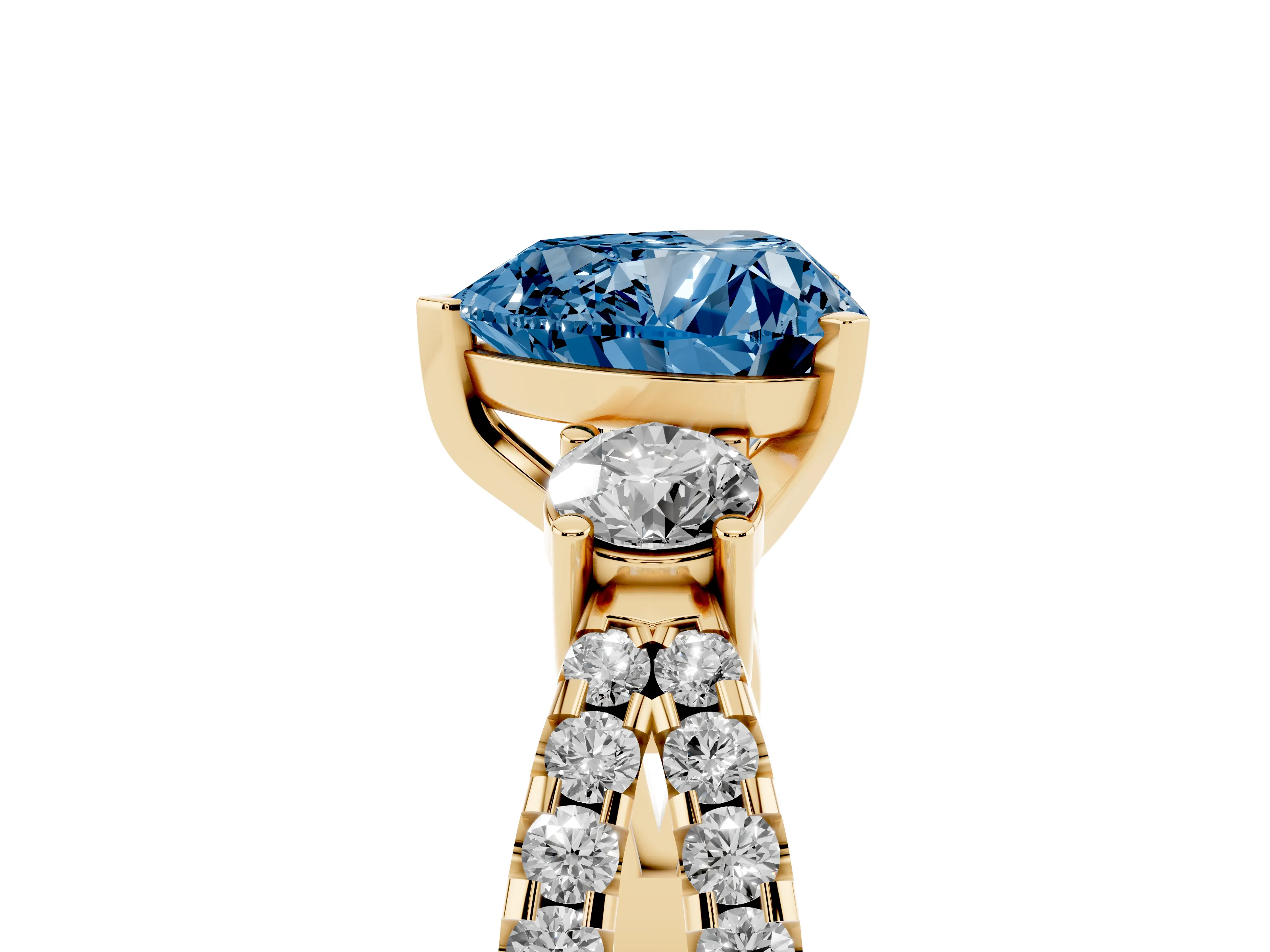 Fancy Blue Heart Cut Diamond Three-Stone Ring Set in Yellow gold with Pavé Split Shank and Prong Setting