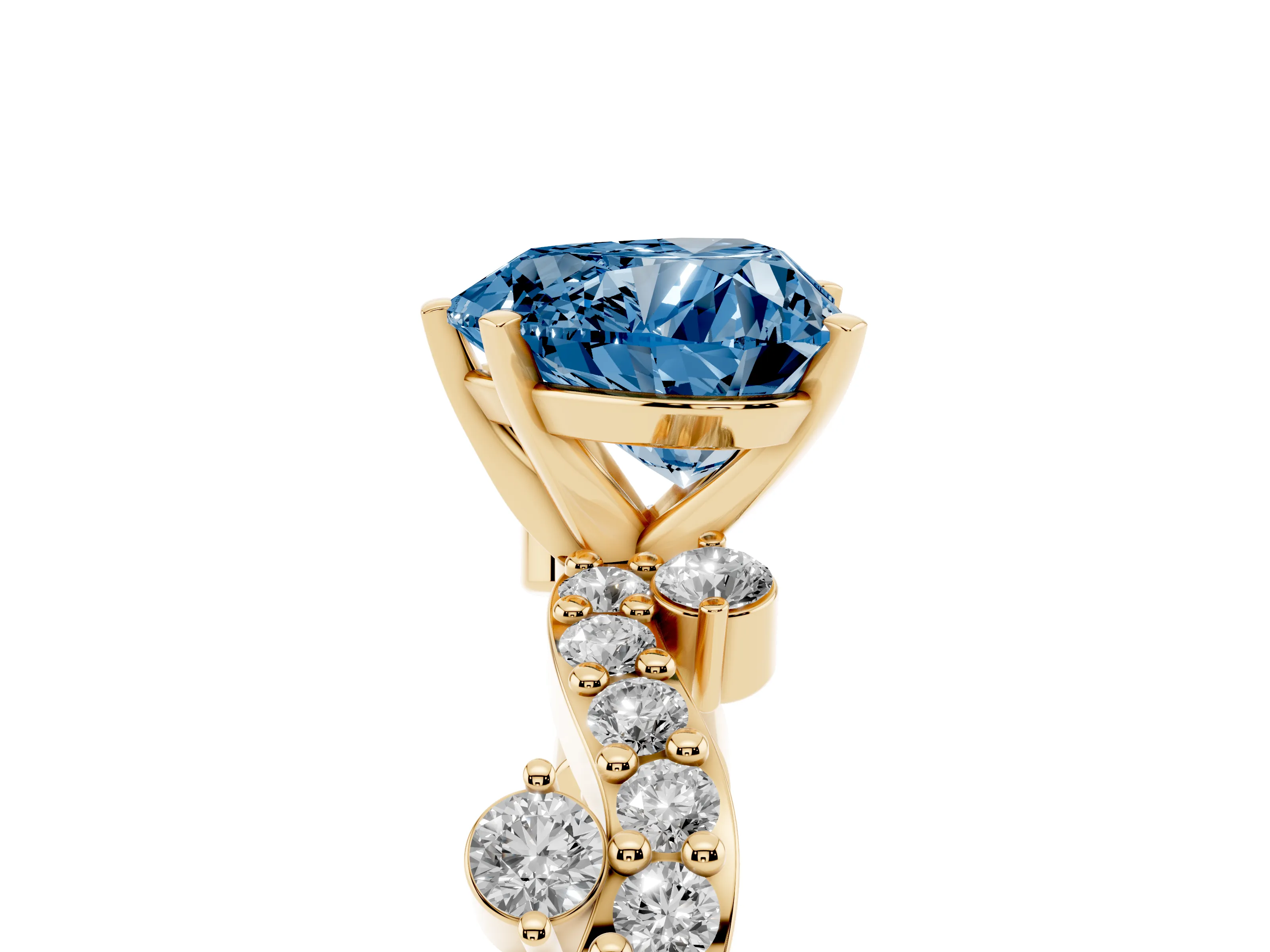 Fancy Blue Heart Cut Diamond Solitaire Twisted Band Set in Yellow gold with Pavé Setting