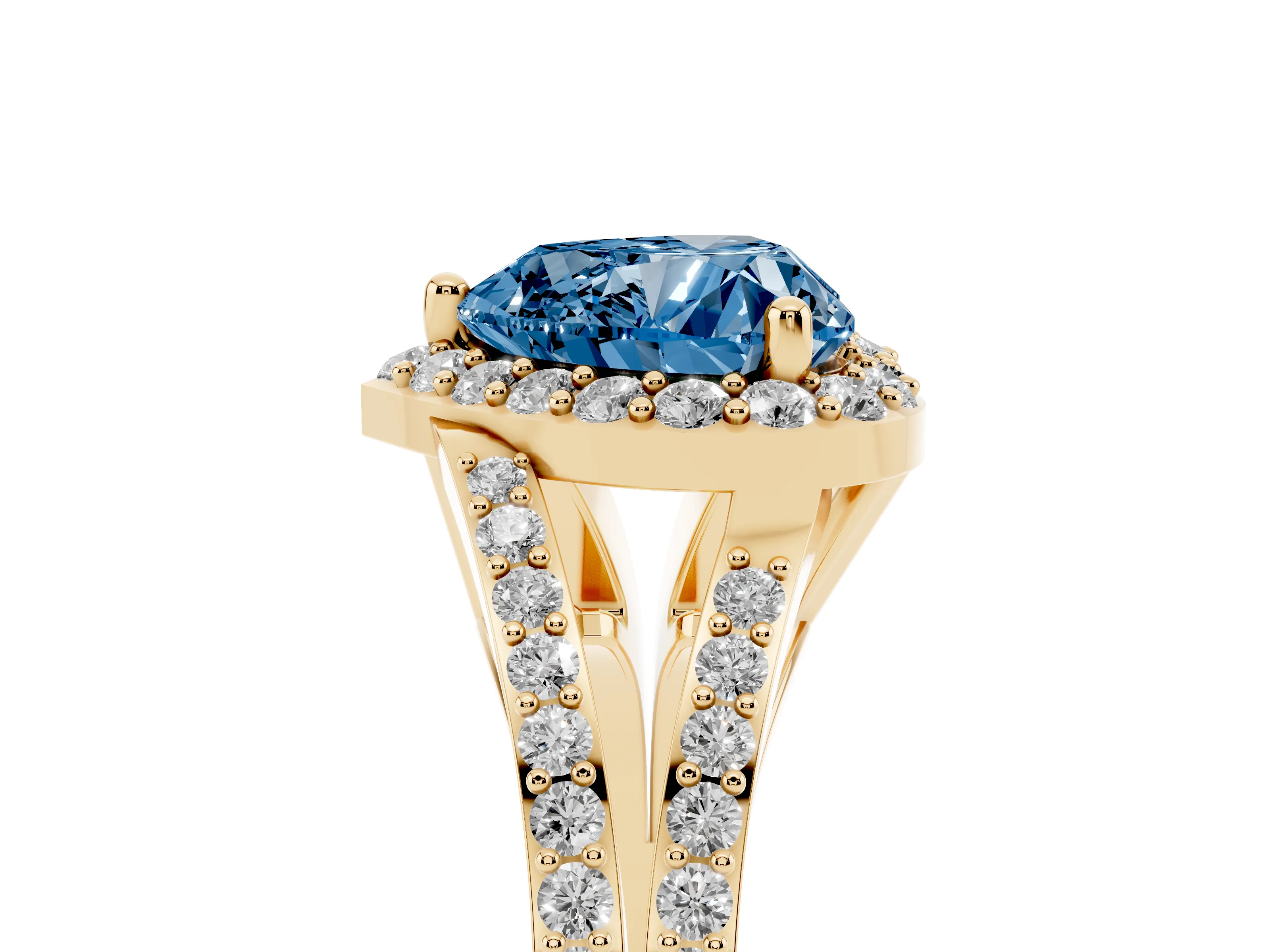 Fancy Blue Heart Cut Diamond Halo Split Shank Pavé Ring Set in Yellow gold with Prong Setting