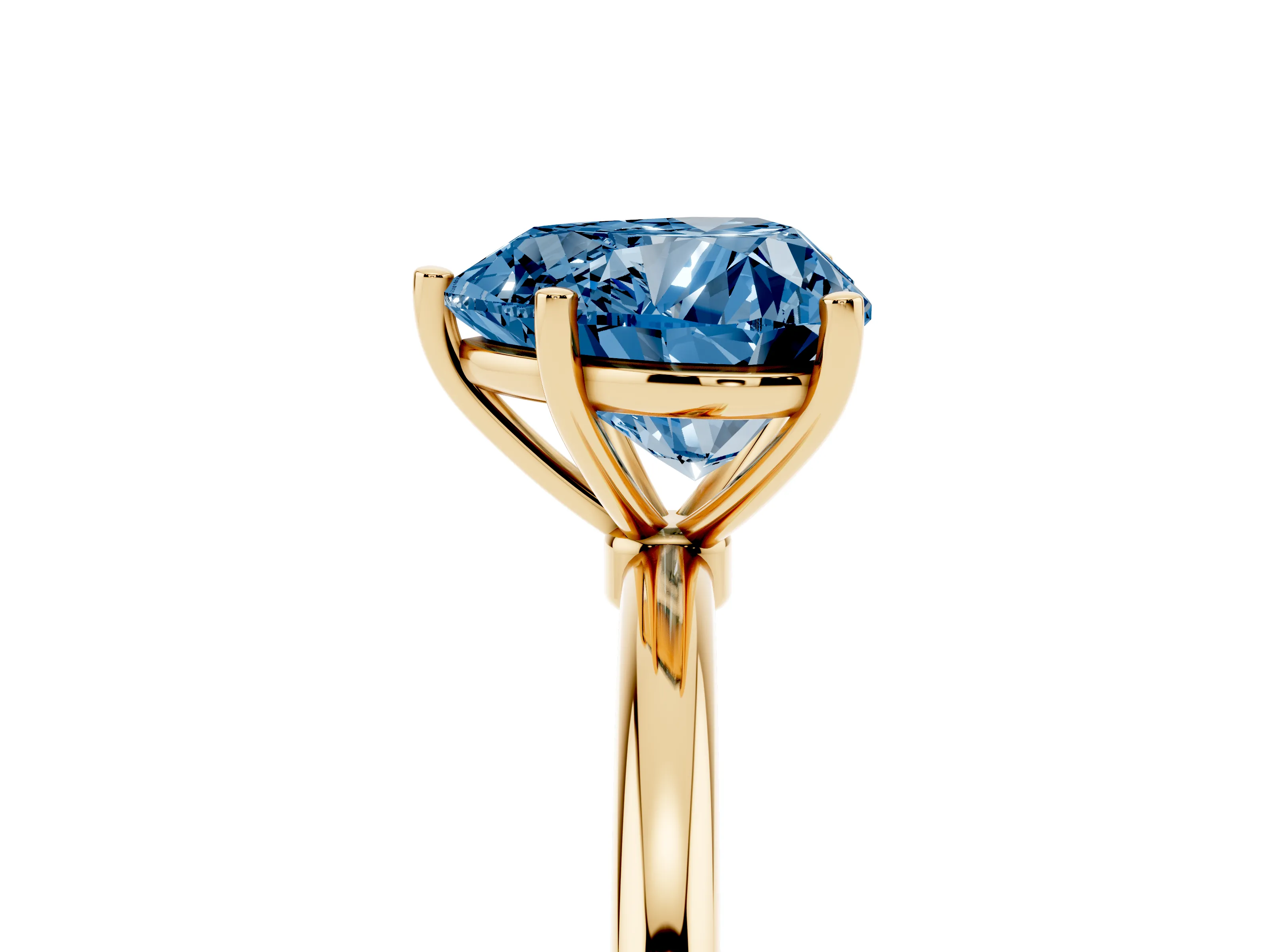 Fancy Blue Heart Cut Diamond Solitaire Engagement Ring Set in Yellow gold with Thin Band and Prong Setting