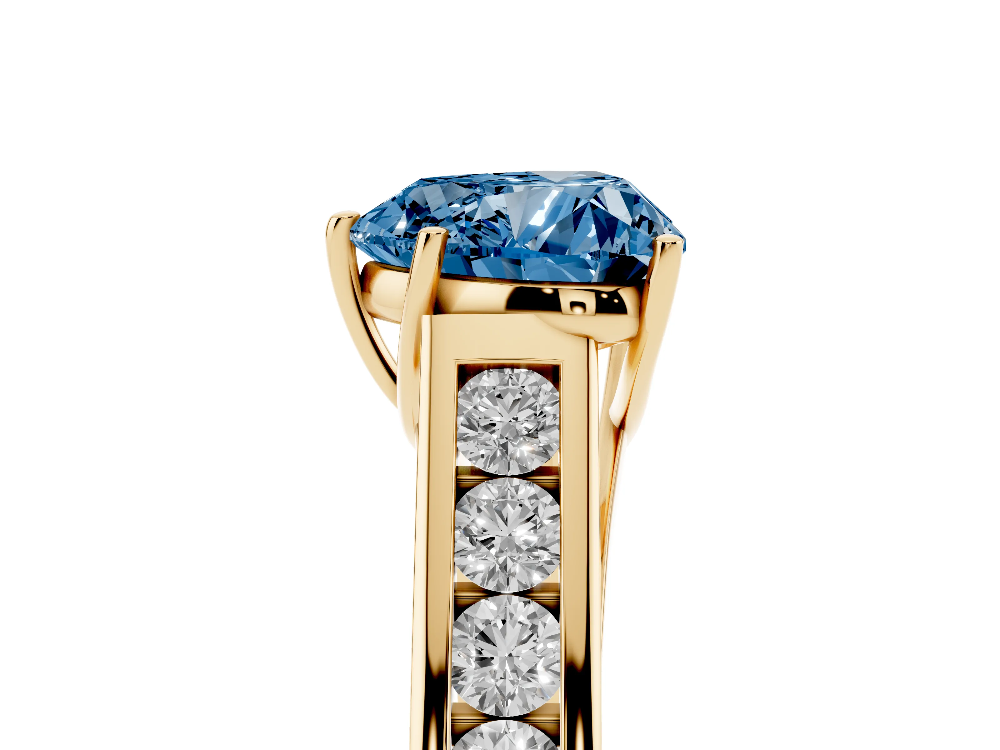 Fancy Blue Heart Cut Diamond Solitaire Channel-Set Engagement Ring Set in Yellow gold with Prong Setting
