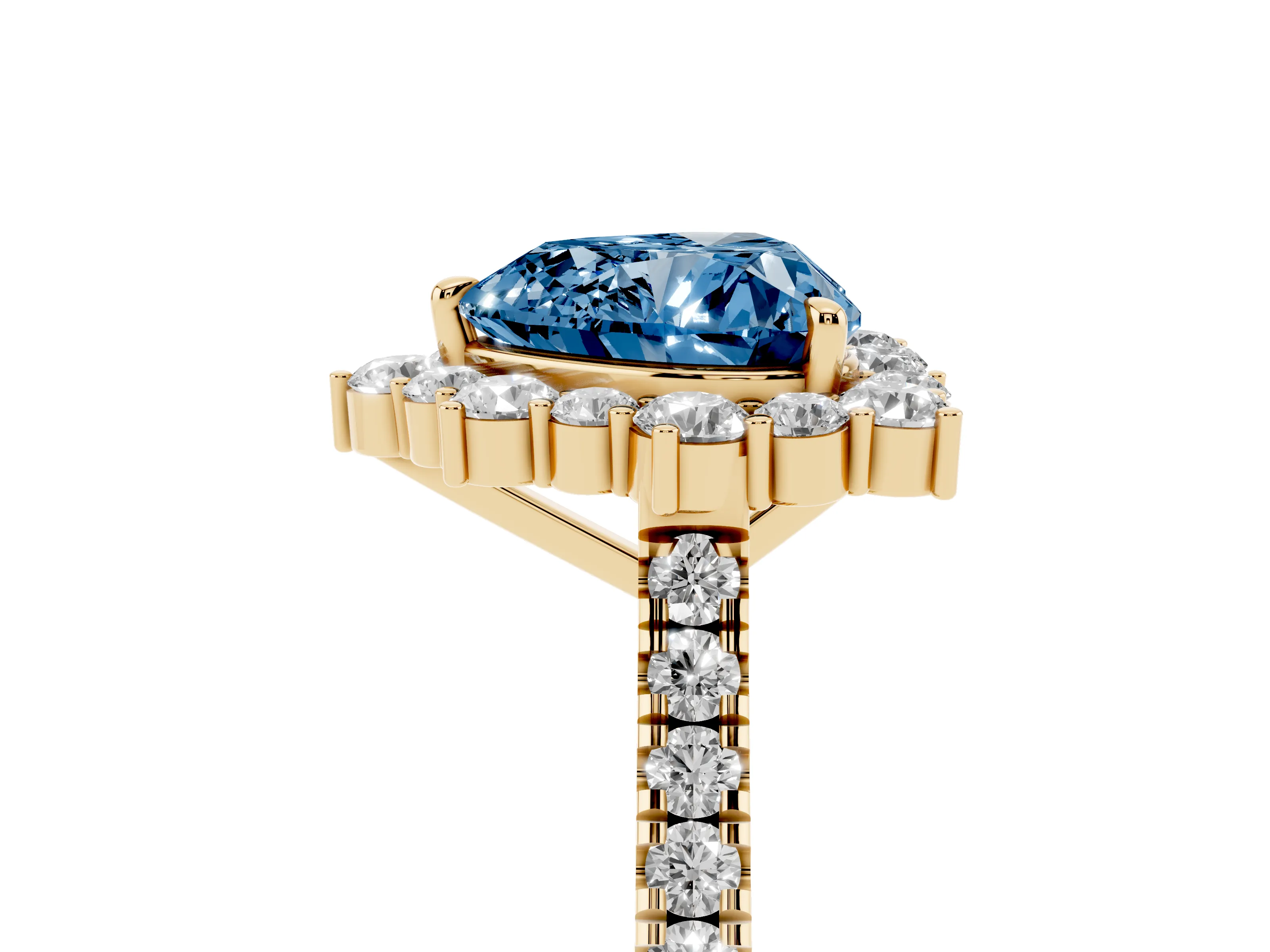 Fancy Blue Heart Cut Diamond Halo Ring Set in Yellow gold with Pavé Band and Prong Setting