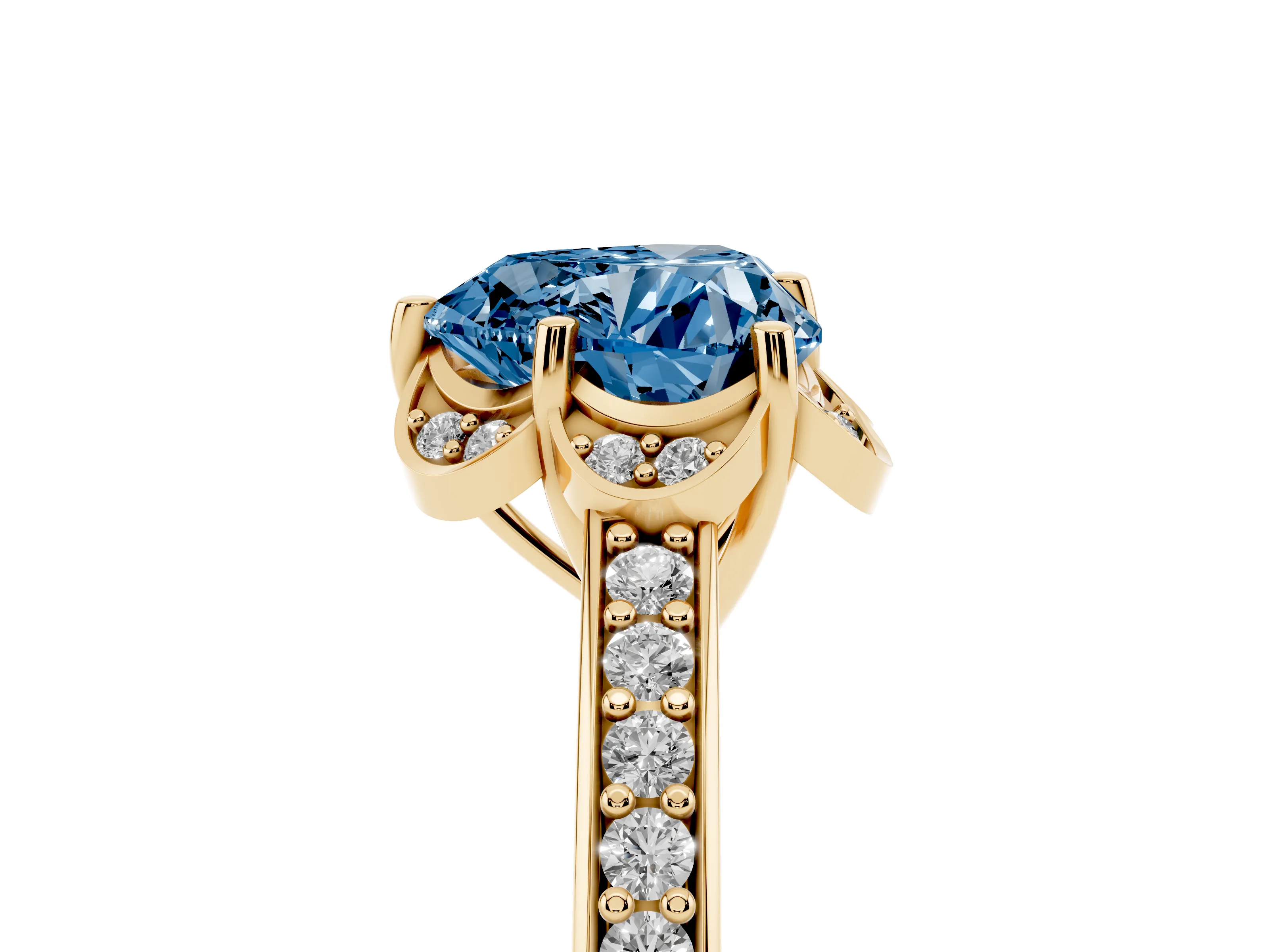 Fancy Blue Heart Cut Diamond Halo Ring Set in Yellow gold with Channel Set Band and Prong Setting