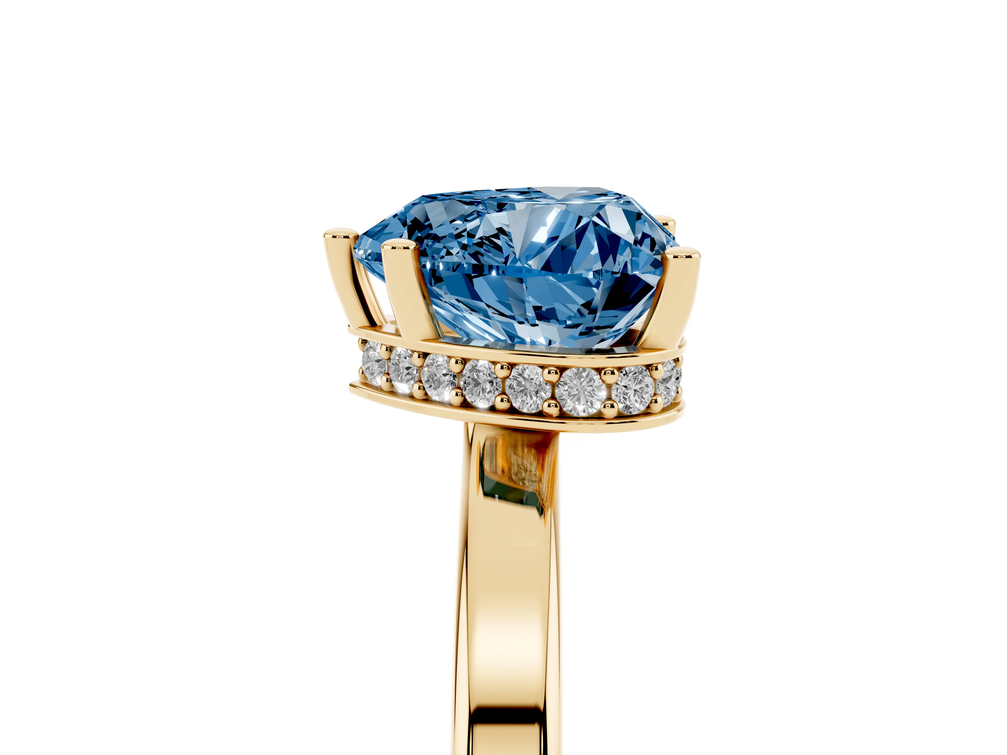 Fancy Blue Heart Cut Diamond Solitaire Engagement Ring Set in Yellow gold with Prong Setting on a Plain Band
