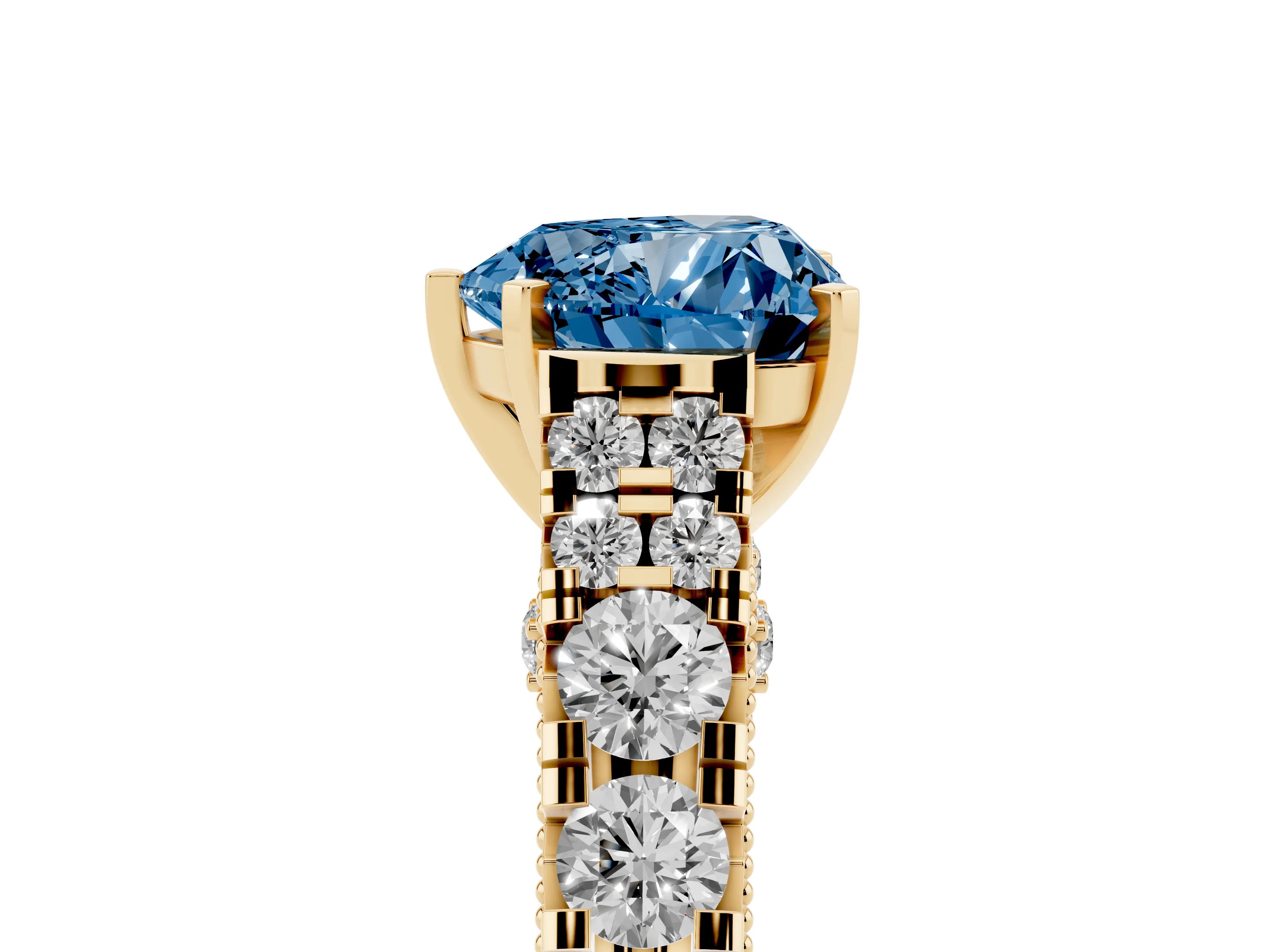 Fancy Blue Heart Cut Diamond Classic Solitaire Ring Set in Yellow gold with Pavé Band and Prong Setting