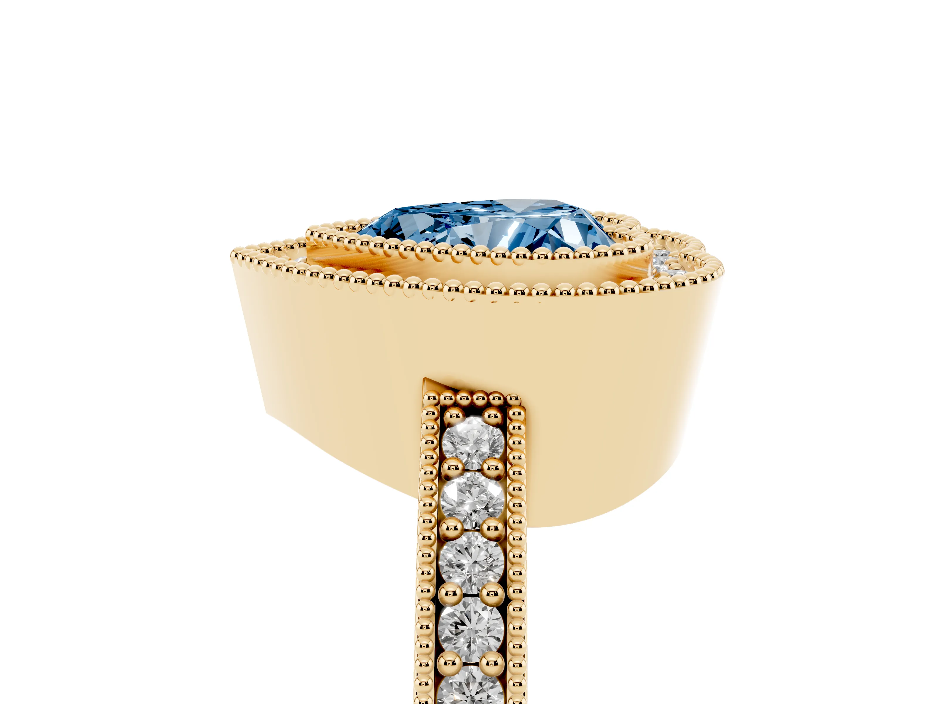 Fancy Blue Heart Cut Diamond Halo Engagement Ring Set in Yellow gold with Pavé Band and Round Halo Stones