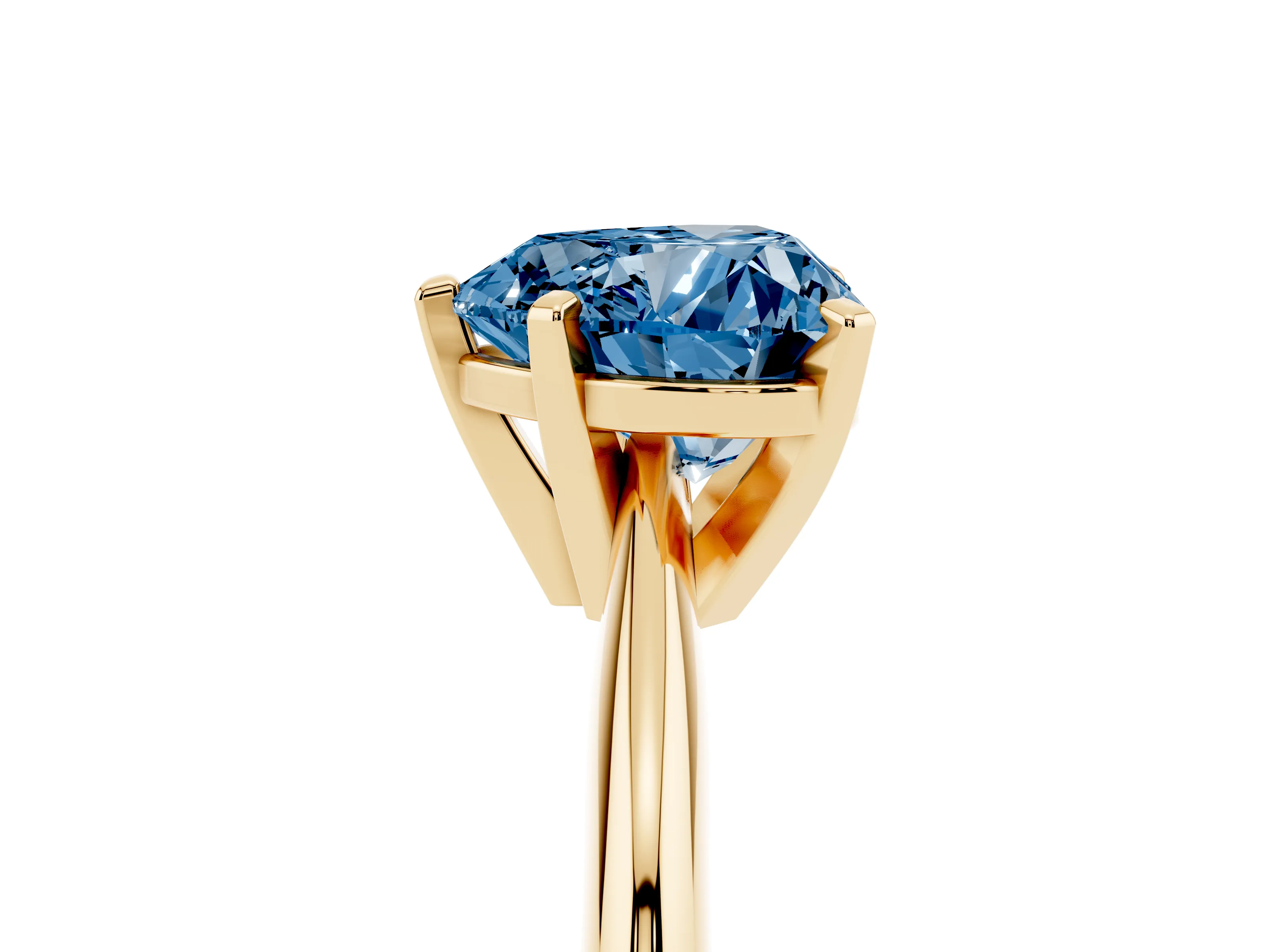 Fancy Blue Heart Cut Diamond Solitaire Ring Set in Yellow gold with Prong Setting on a Plain Round Band