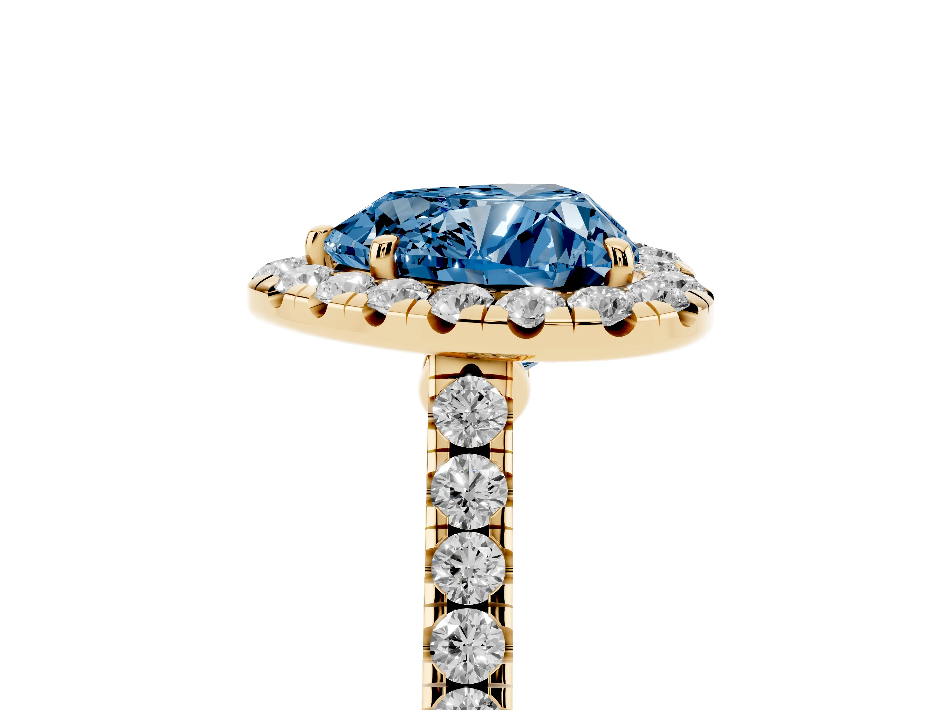 Fancy Blue Heart Cut Diamond Halo Pavé Engagement Ring Set in Yellow gold with Prong Setting