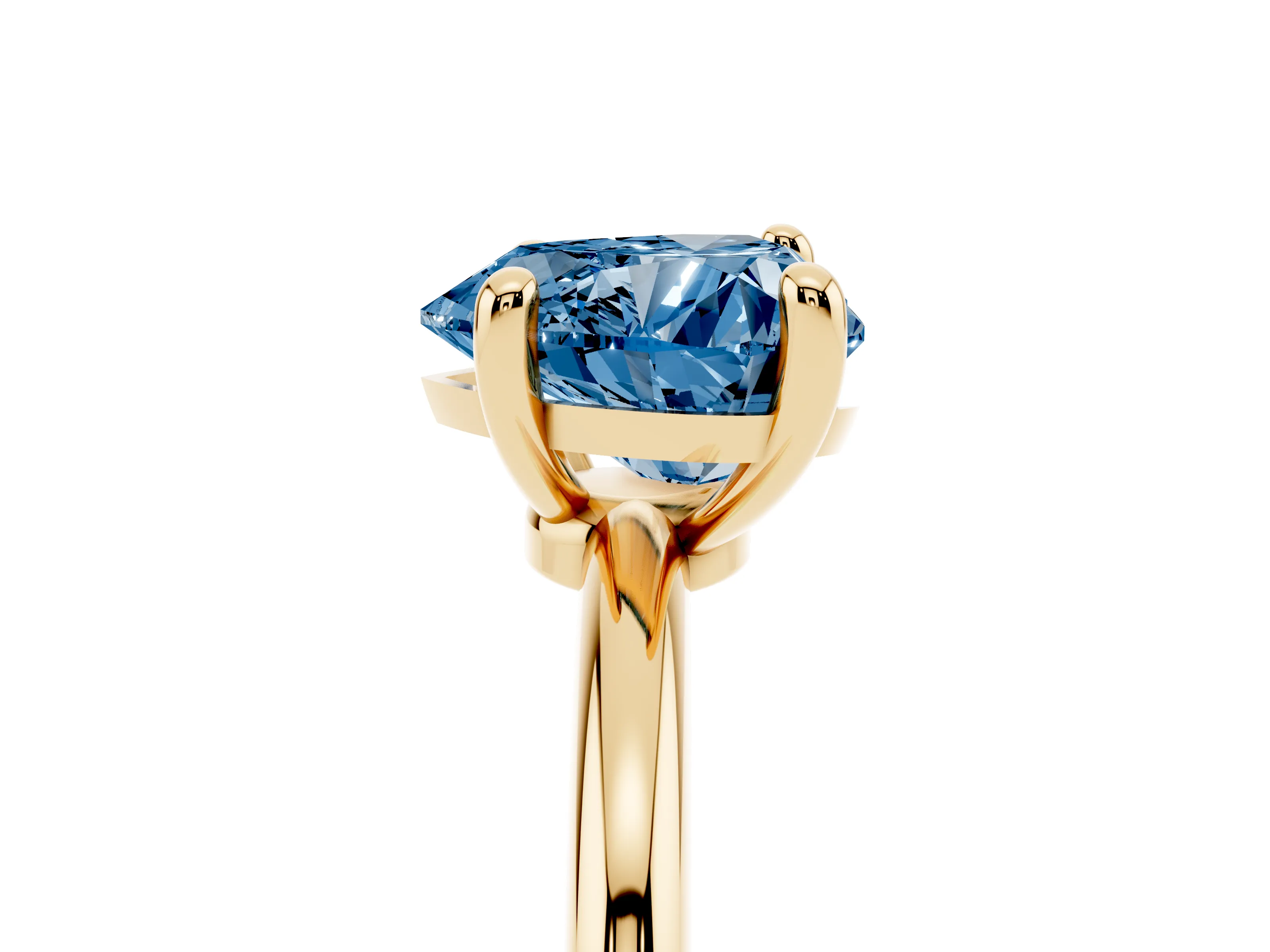 Fancy Blue Heart Cut Diamond Solitaire Ring Set in Yellow gold with Secure Prong Setting on a Classic Band