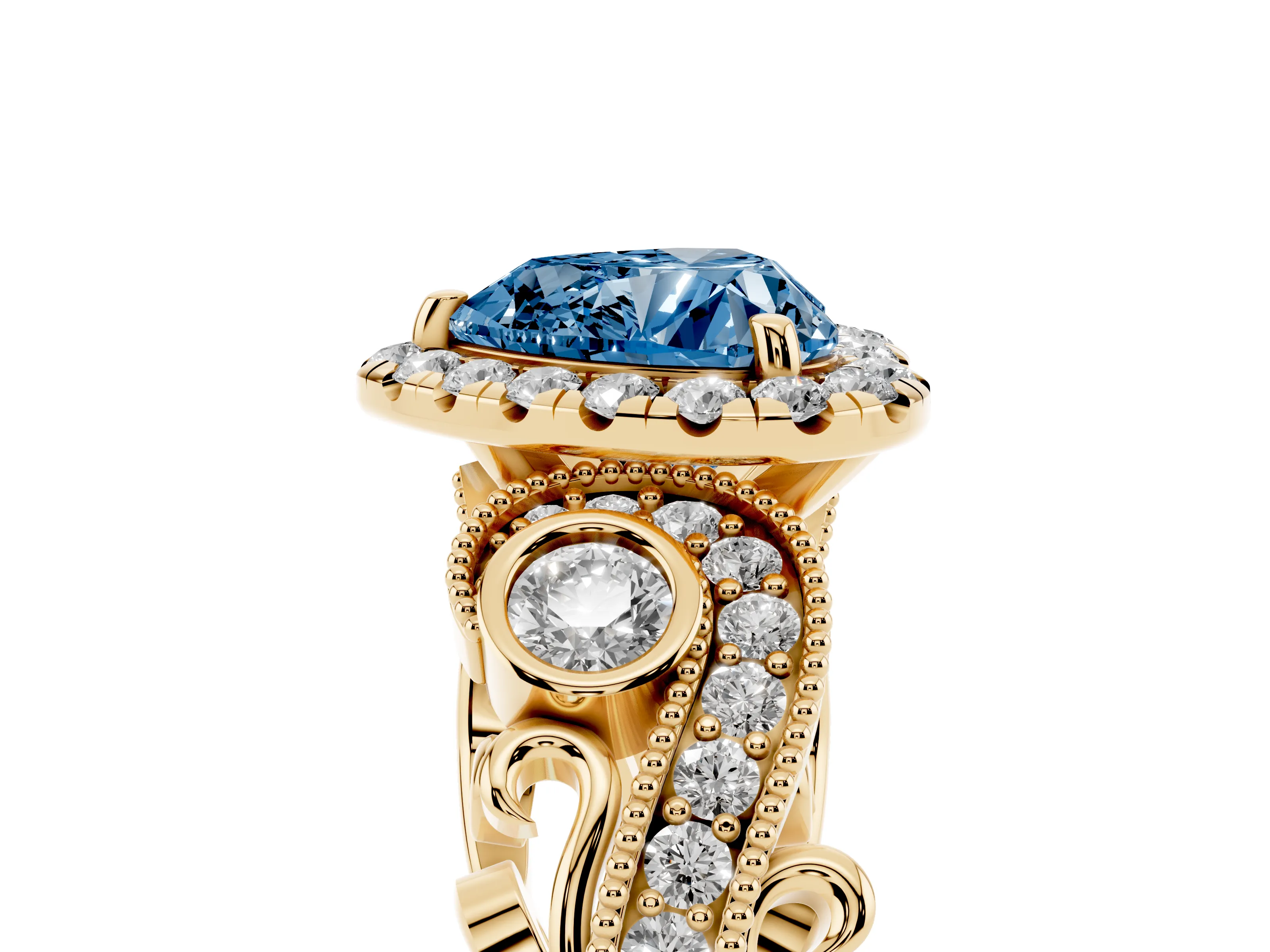 Fancy Blue Heart Cut Diamond Halo Ring Set in Yellow gold with Milgrain Pavé Band and Prong Setting