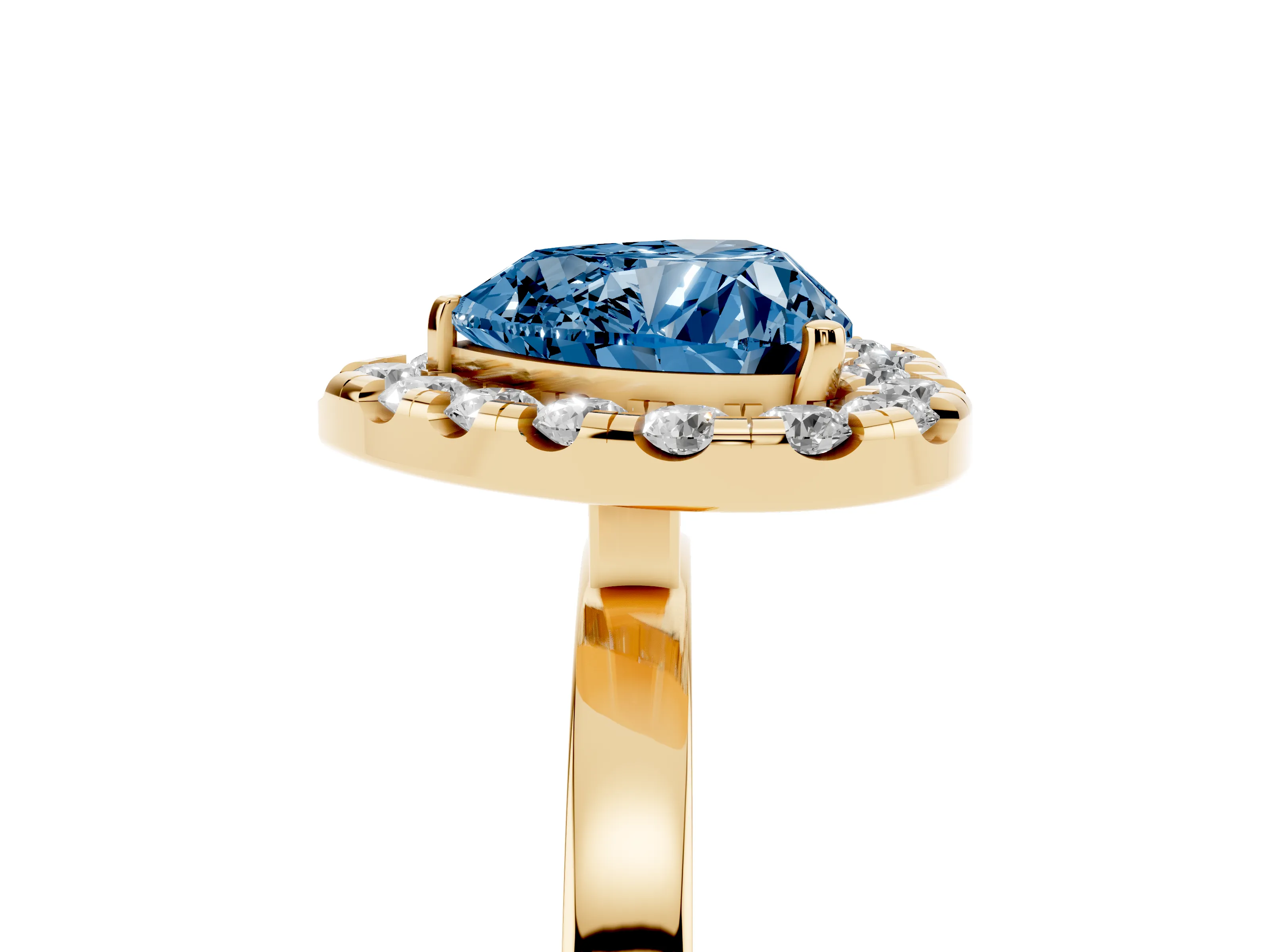 Fancy Blue Heart Cut Diamond Halo Solitaire Ring Set in Yellow gold with Pavé Band and Prong Setting
