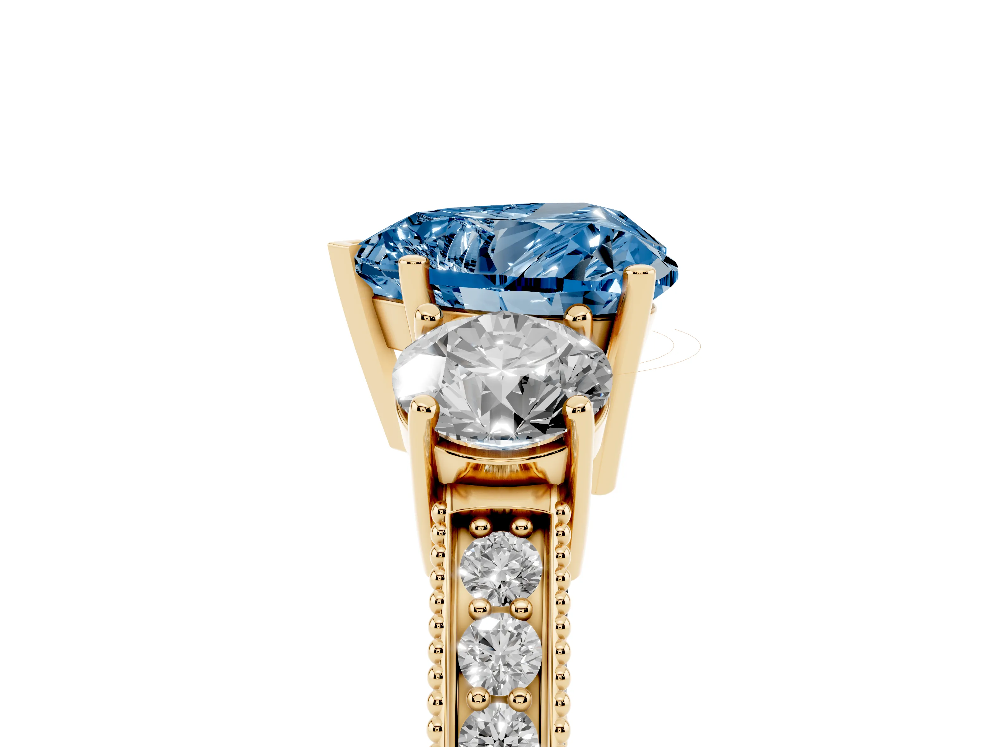 Fancy Blue Heart Cut Diamond Three-Stone Ring Set in Yellow gold with Round Side Stones and Pavé Band