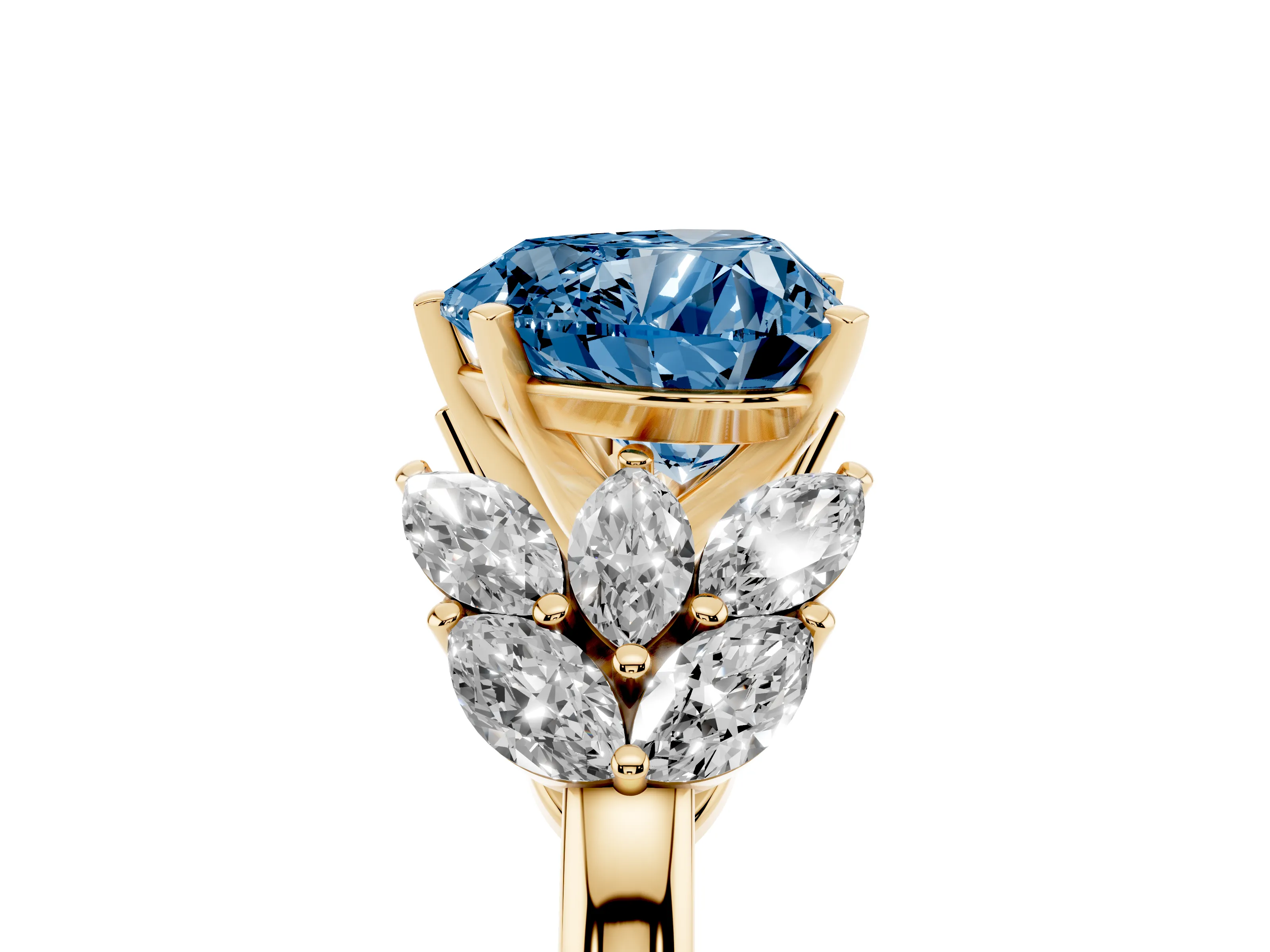 Fancy Blue Heart Cut Diamond Cluster Leaf Design Ring Set in Yellow gold with Prong Setting