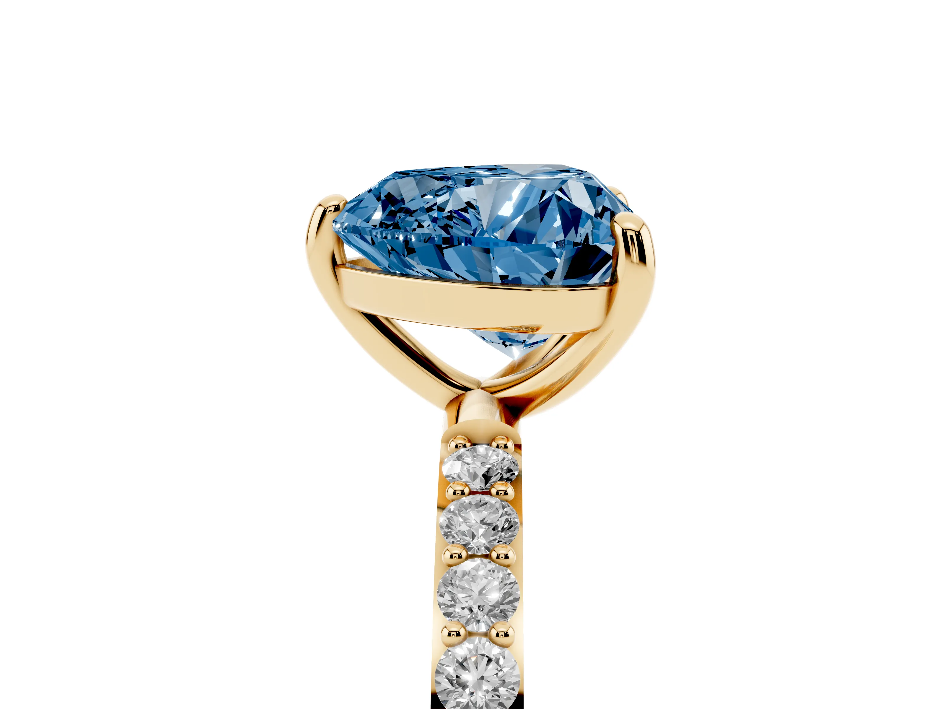 Fancy Blue Heart Cut Diamond Solitaire Ring Set in Yellow gold with Round Pavé Band and Prong Setting