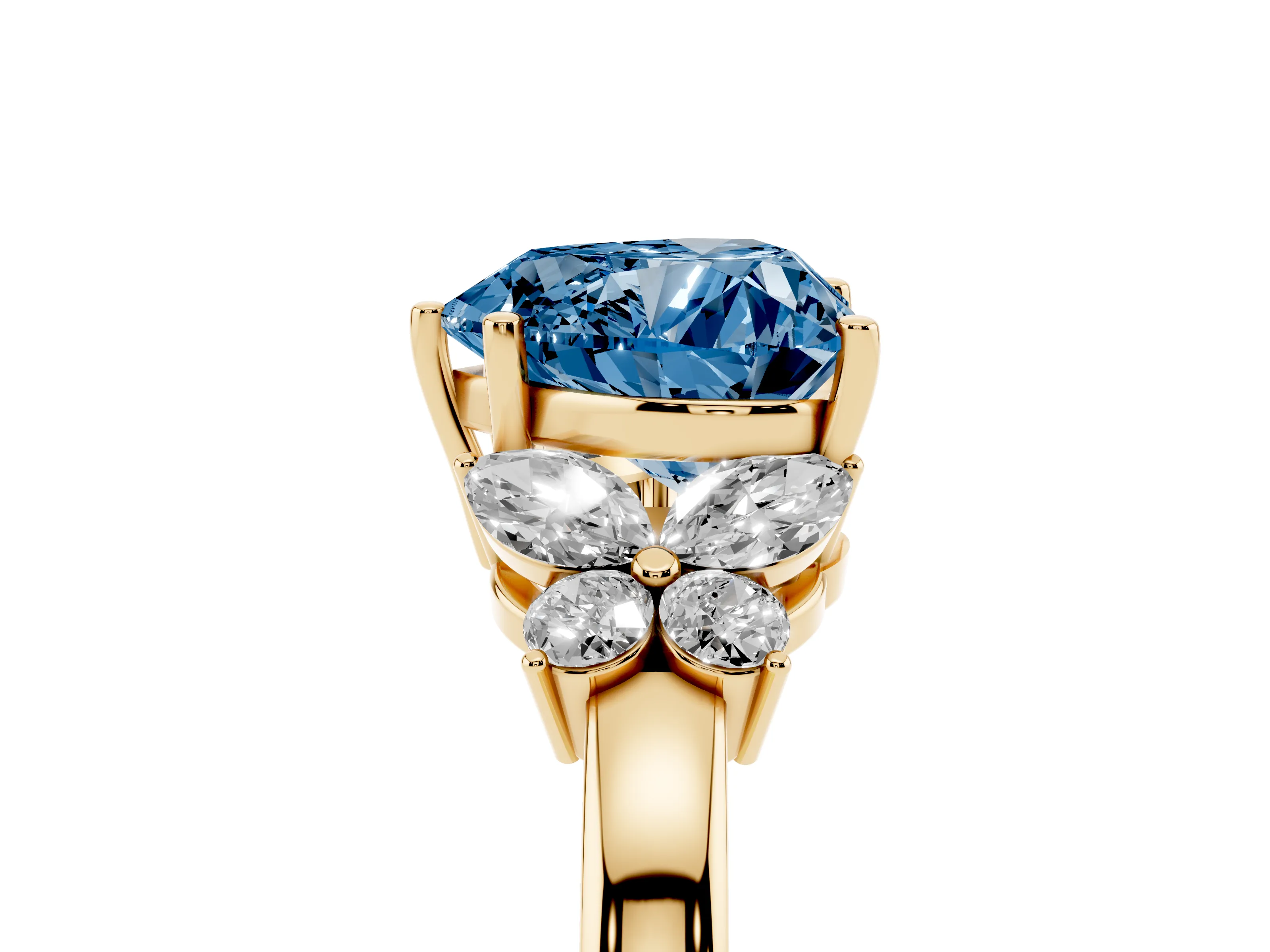 Fancy Blue Heart Cut Diamond Solitaire Floral Ring Set in Yellow gold with Marquise Petals and Prong Setting