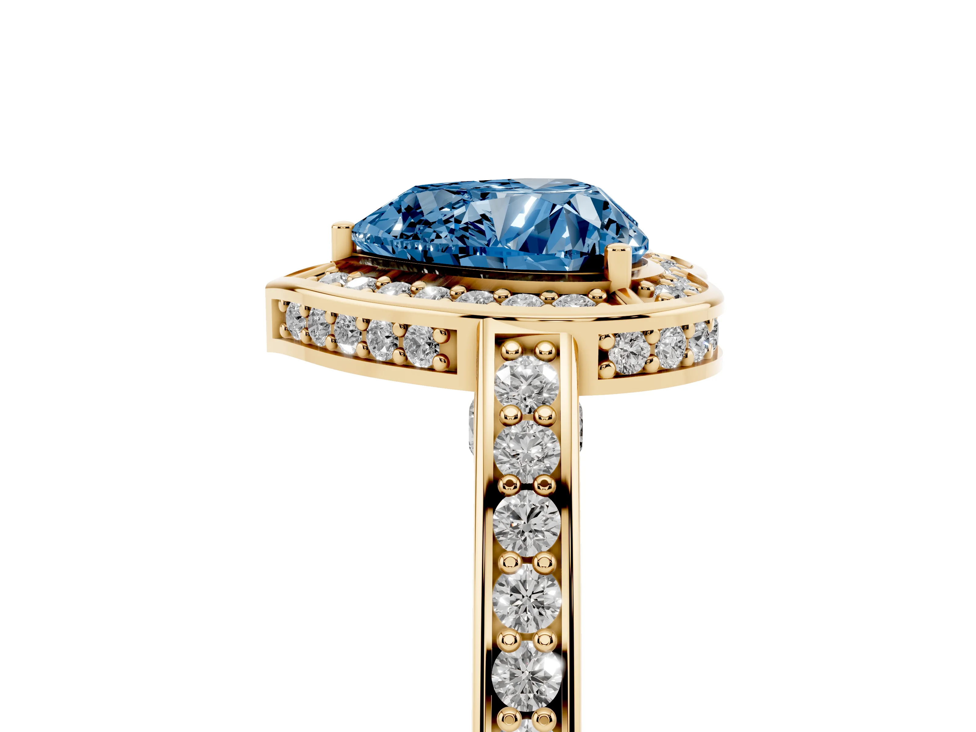 Fancy Blue Heart Cut Diamond Halo Pavé Split Shank Ring Set in Yellow gold with Prong Setting
