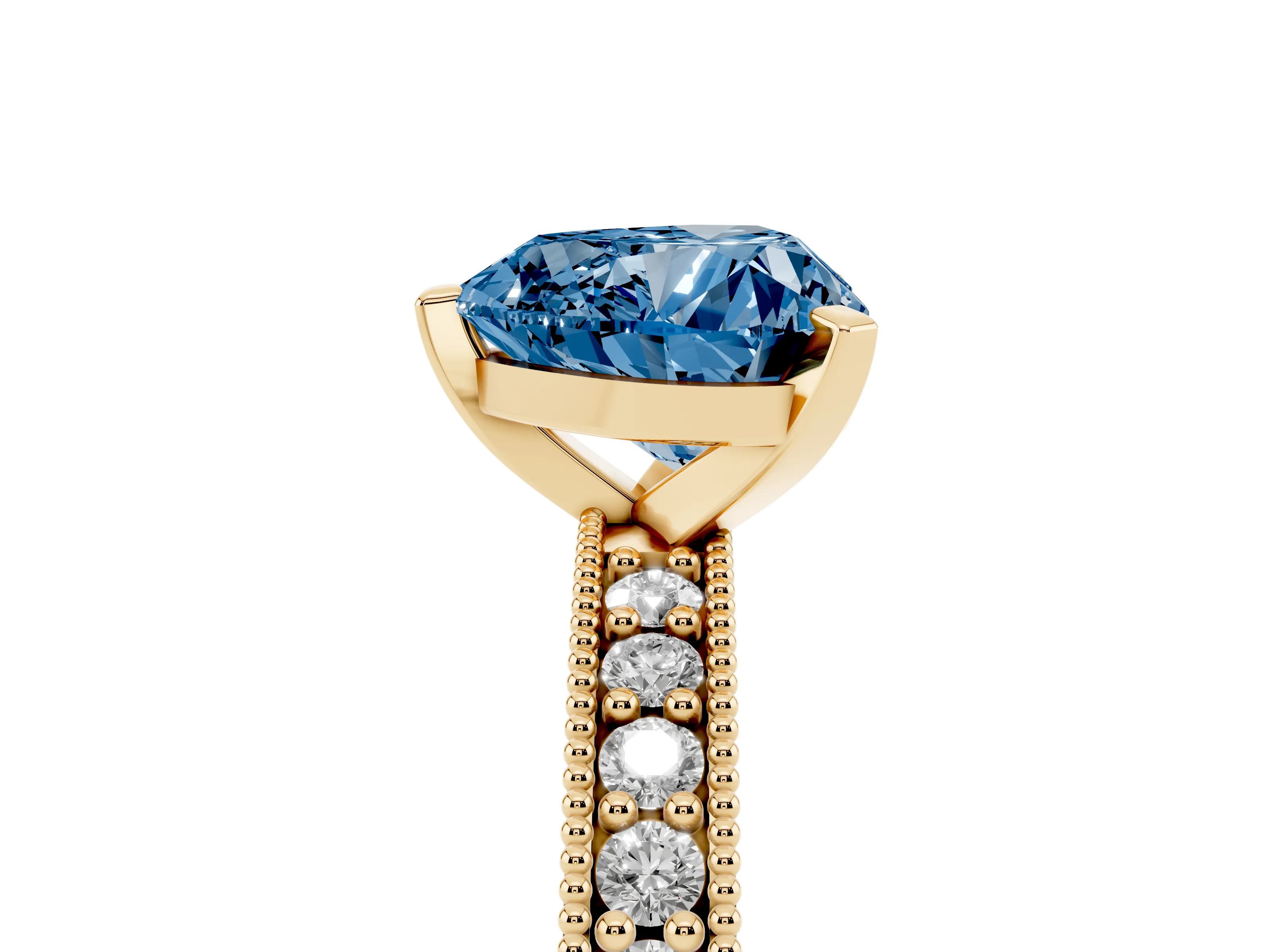 Fancy Blue Heart Cut Diamond Milgrain Pavé Engagement Ring Set in Yellow gold with Prong Setting