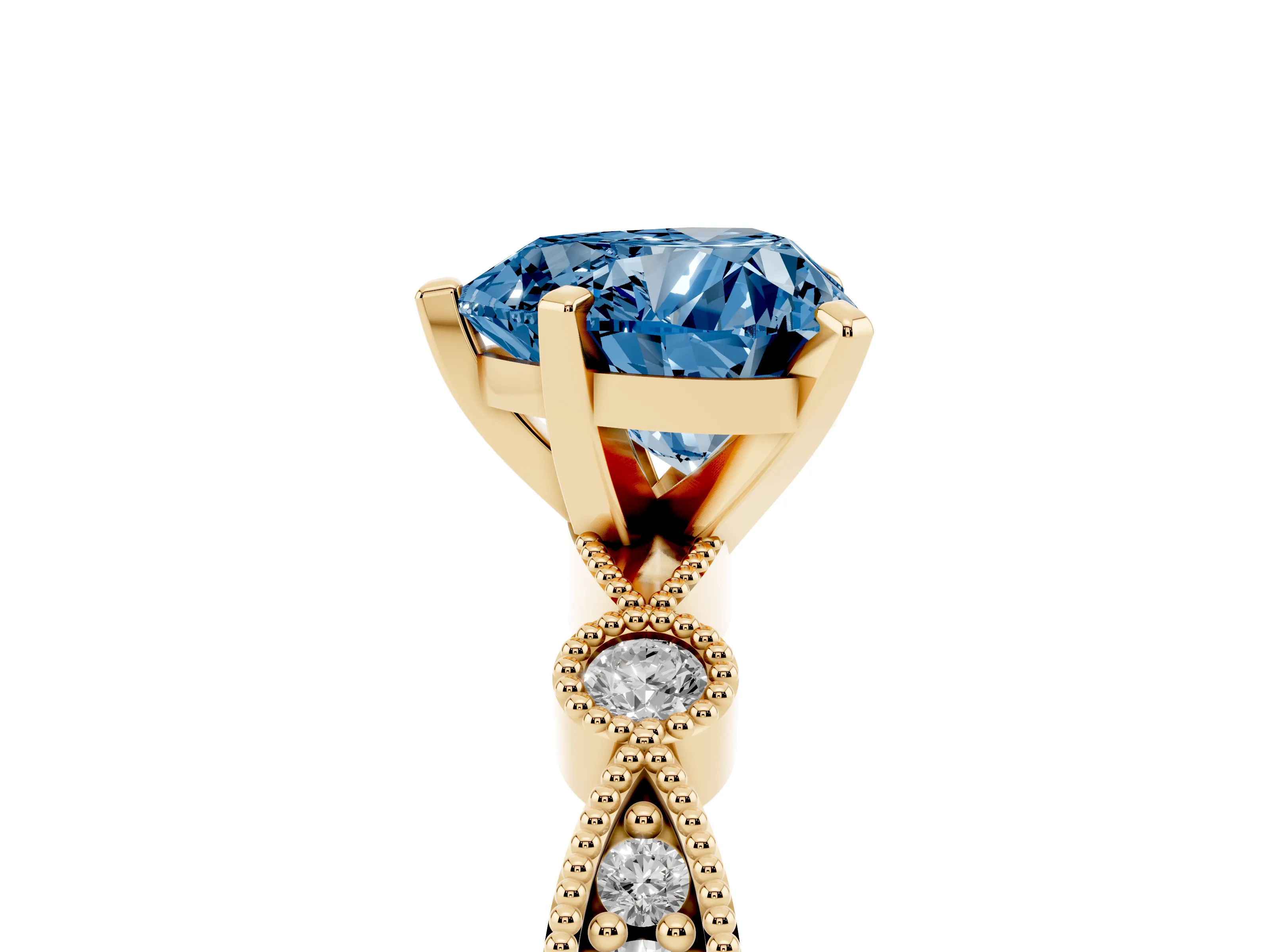 Fancy Blue Heart Cut Diamond Solitaire Engagement Ring Set in Yellow gold with Milgrain Bezel Accent Band