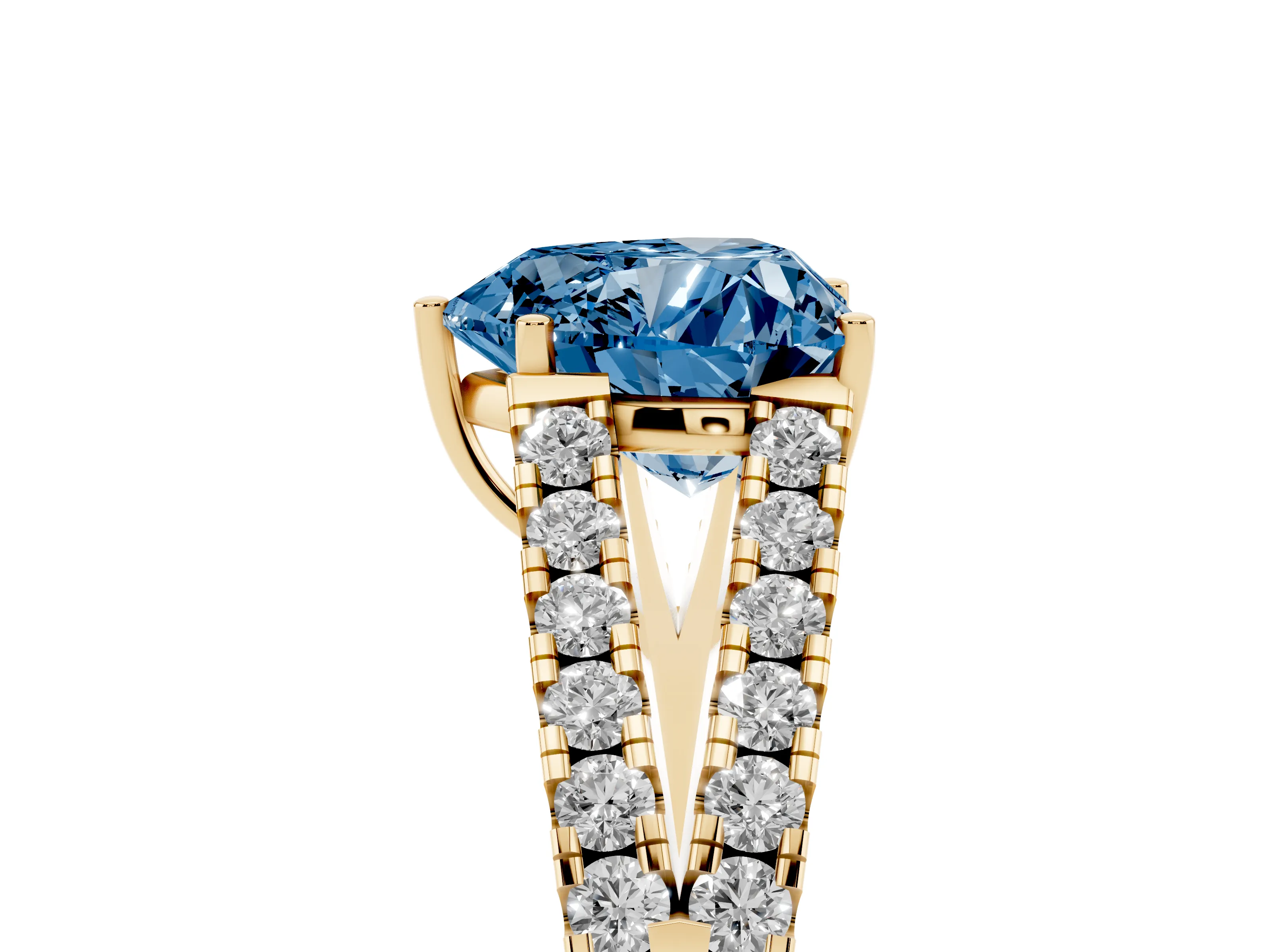 Fancy Blue Heart Cut Diamond Split Shank Pavé Engagement Ring Set in Yellow gold with Prong-Held Center Stone
