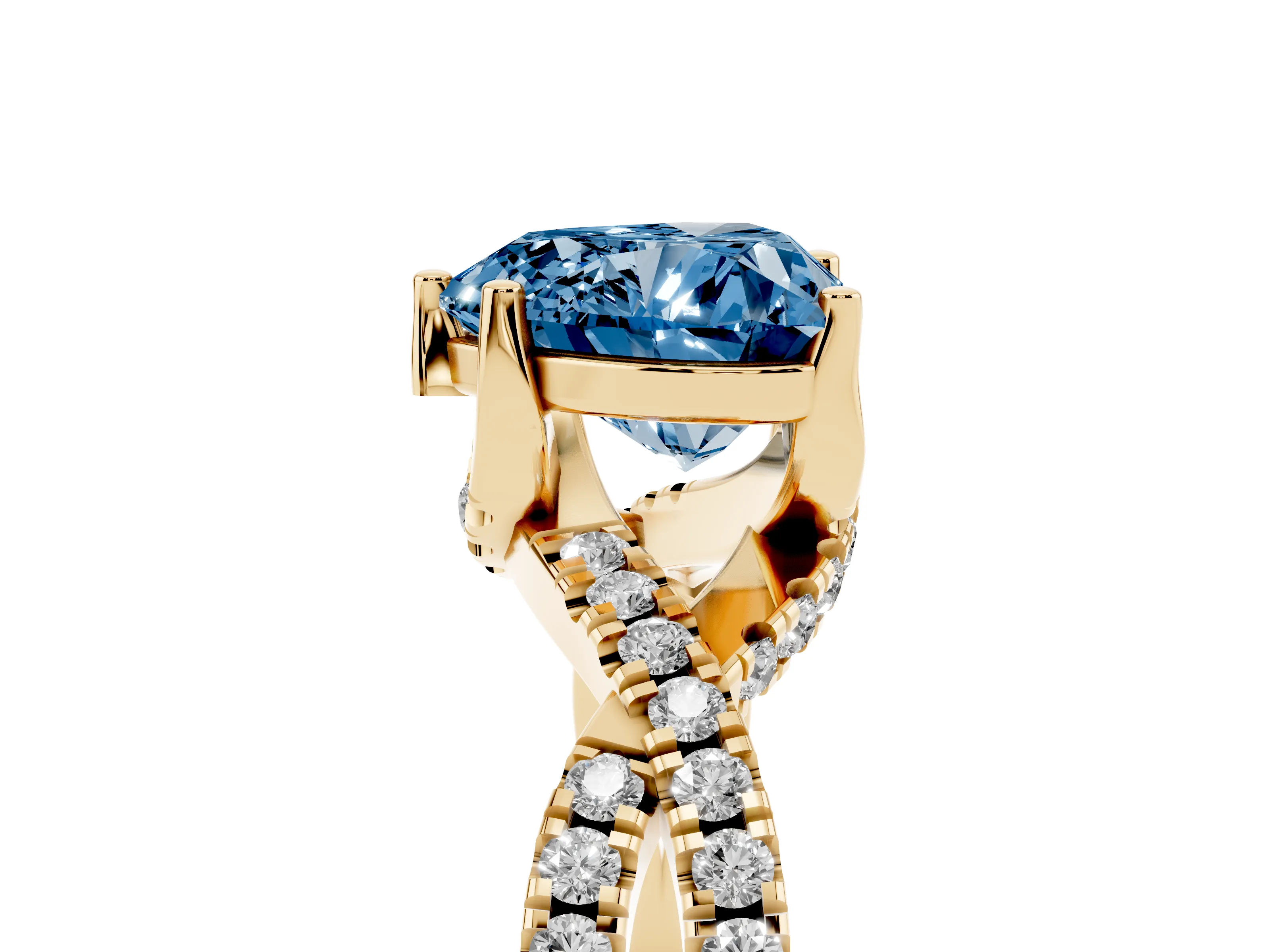 Fancy Blue Heart Cut Diamond Twist Pavé Solitaire Engagement Ring Set in Yellow gold with Prong Setting