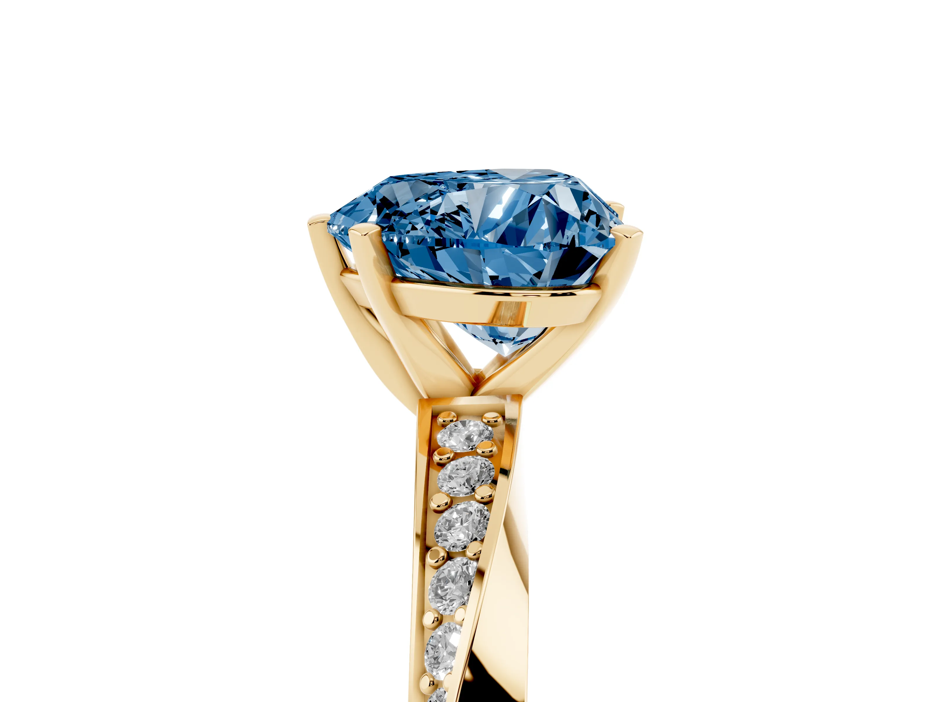 Fancy Blue Heart Cut Diamond Engagement Ring Set in Yellow gold with Side Stone Accents and Prong Setting