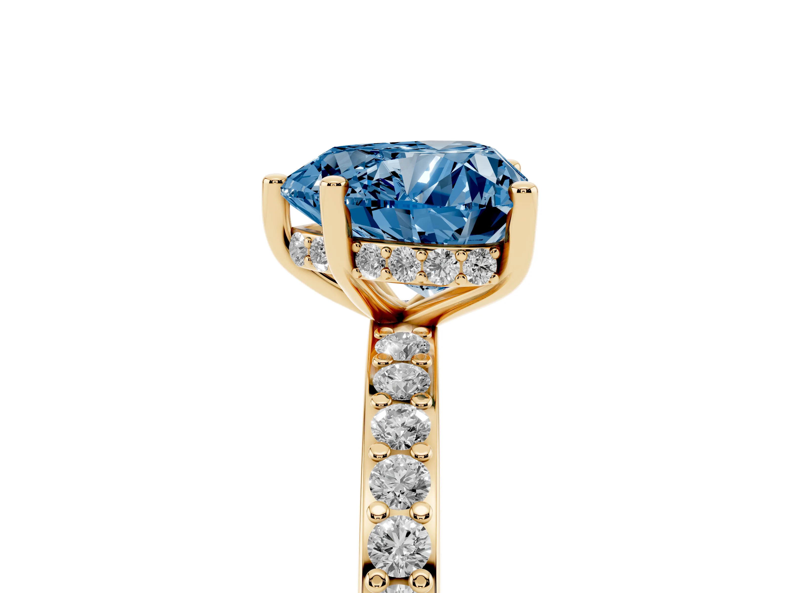 Fancy Blue Heart Cut Diamond Pavé Band Ring Set in Yellow gold with Prong-Set Center Stone
