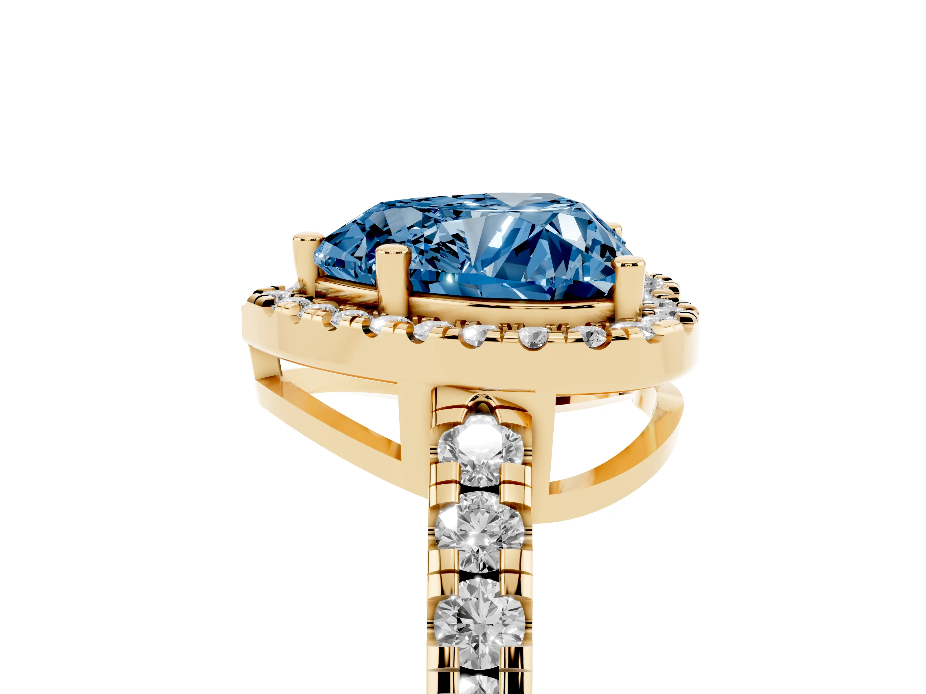 Fancy Blue Heart Cut Diamond Halo Ring Set in Yellow gold with Delicate Pavé Band and Prong Setting