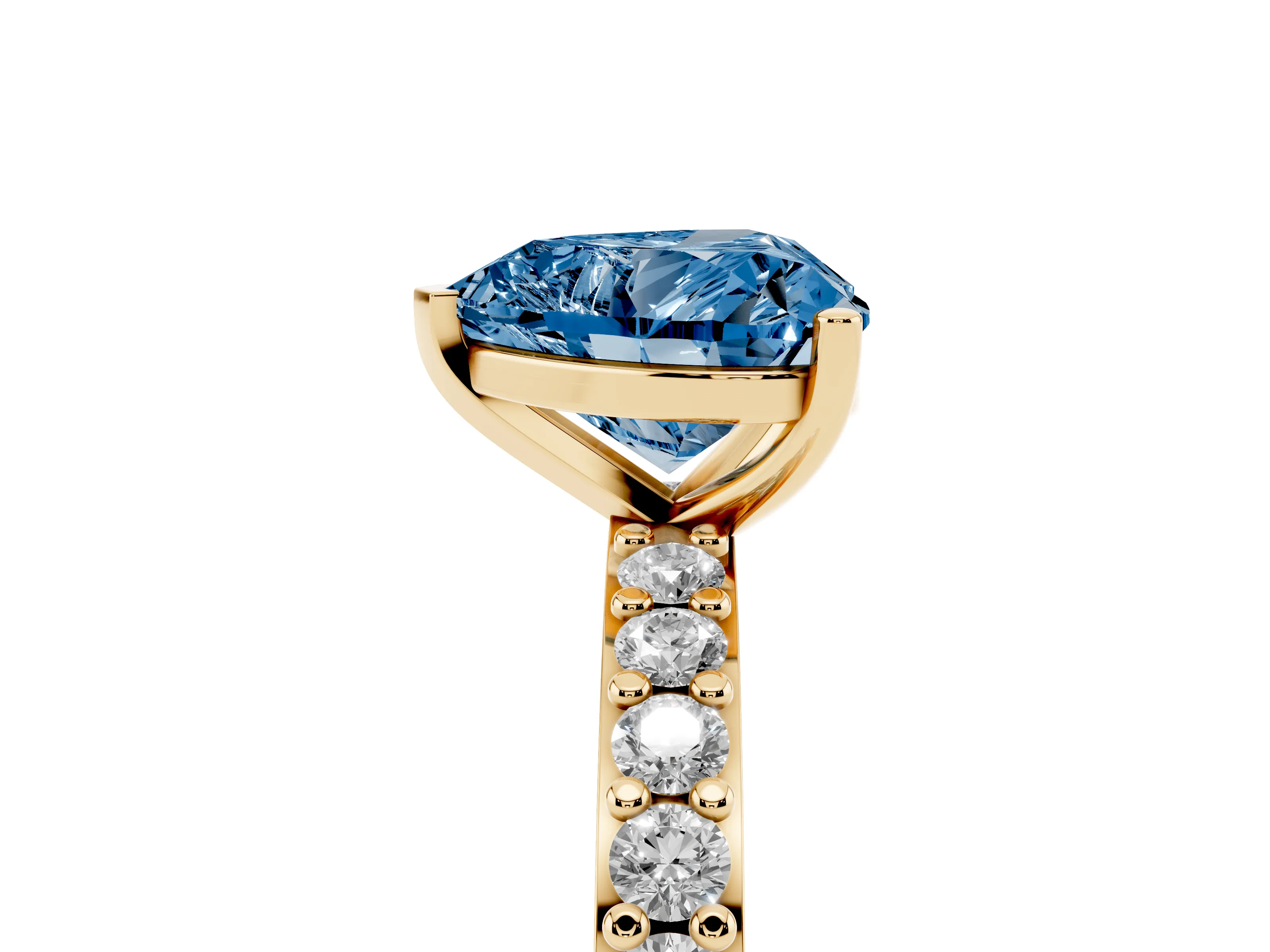 Fancy Blue Heart Cut Diamond Solitaire Set in Yellow gold with Round Pavé Band and Prong Setting