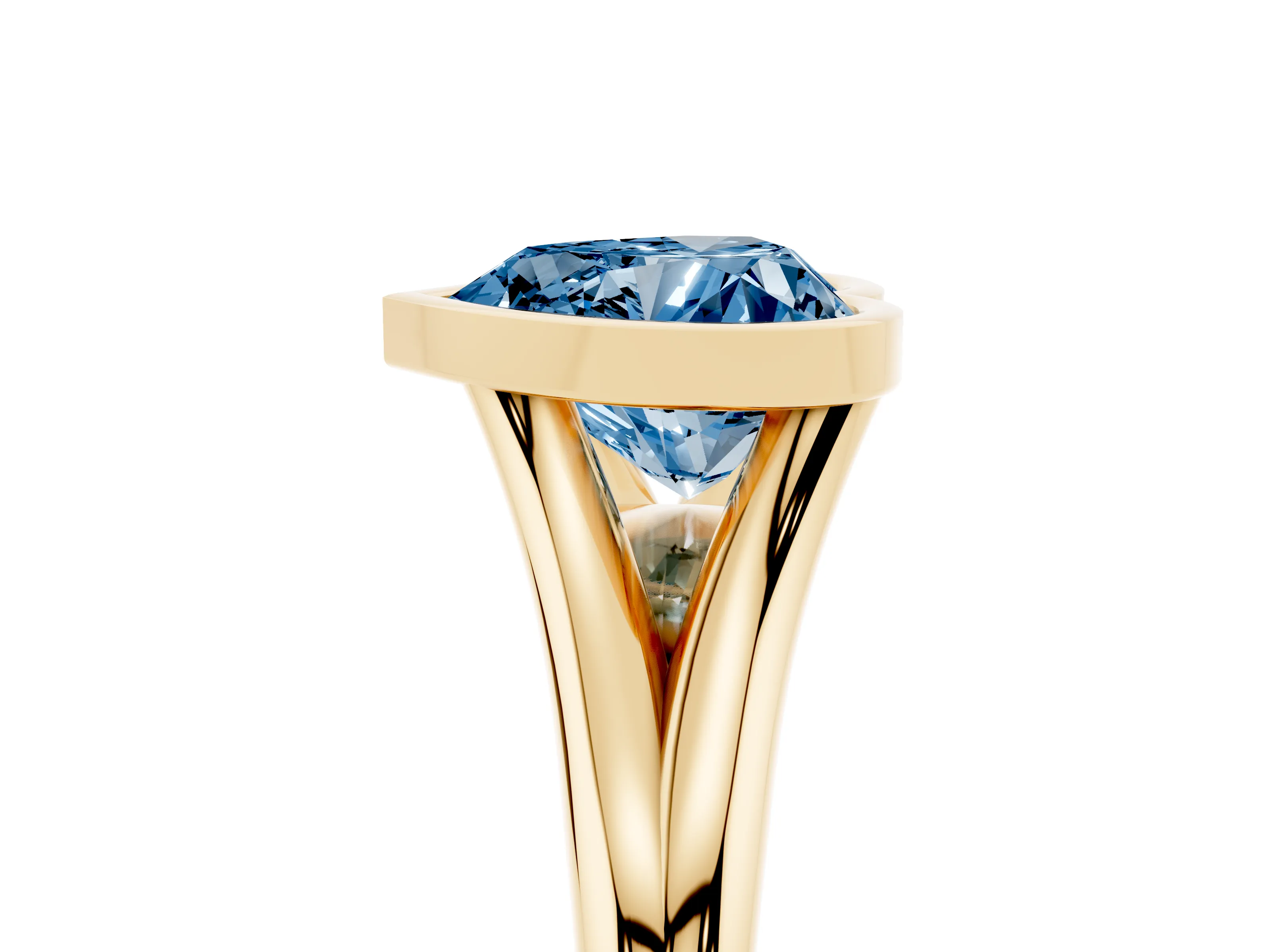 Fancy Blue Bezel Set Heart Cut Diamond Solitaire Ring Set in Yellow gold with Tapered Band