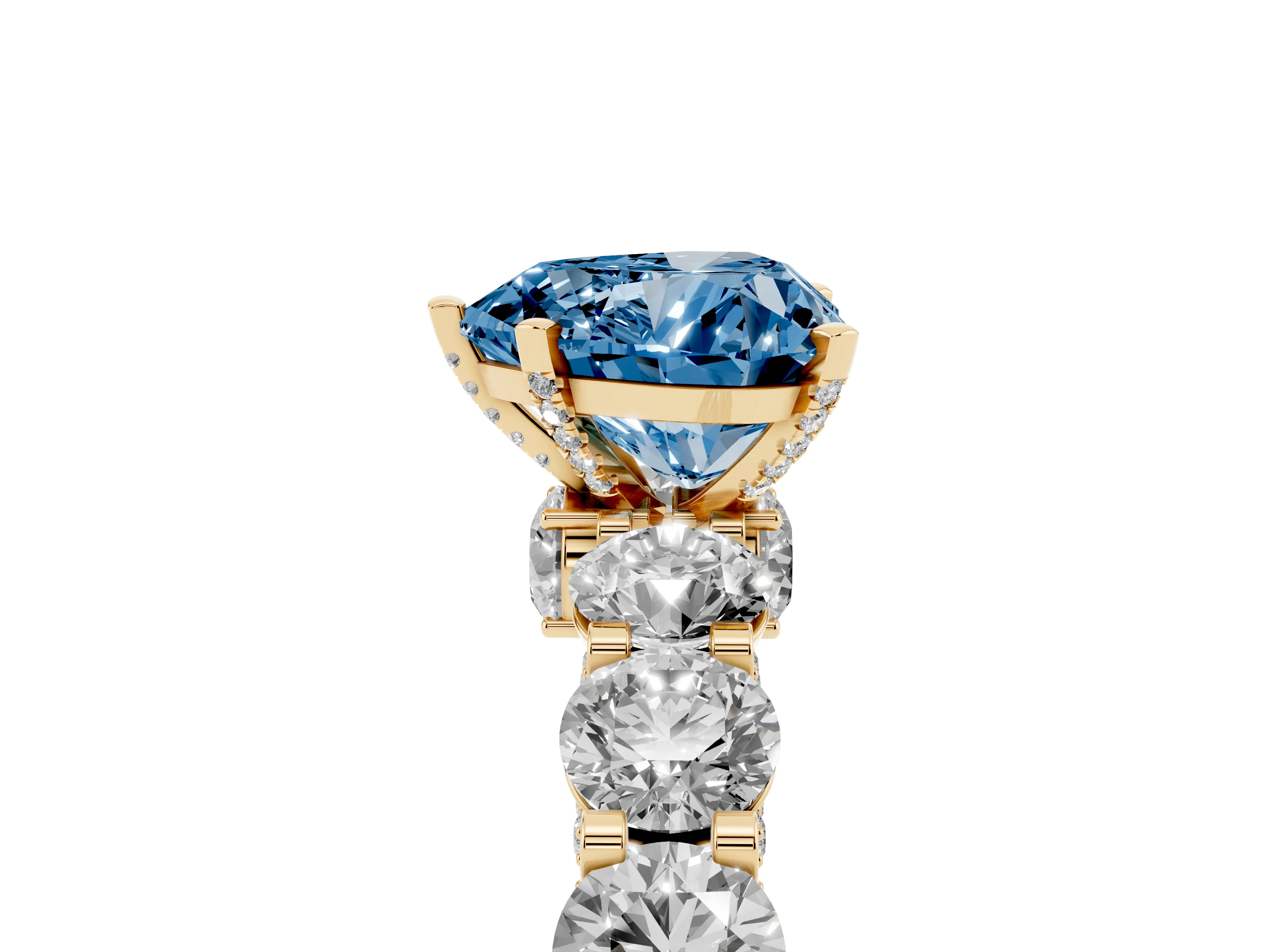 Fancy Blue Heart Cut Diamond Side Stone Ring Set in Yellow gold with Alternating Round and Oval Side Stones