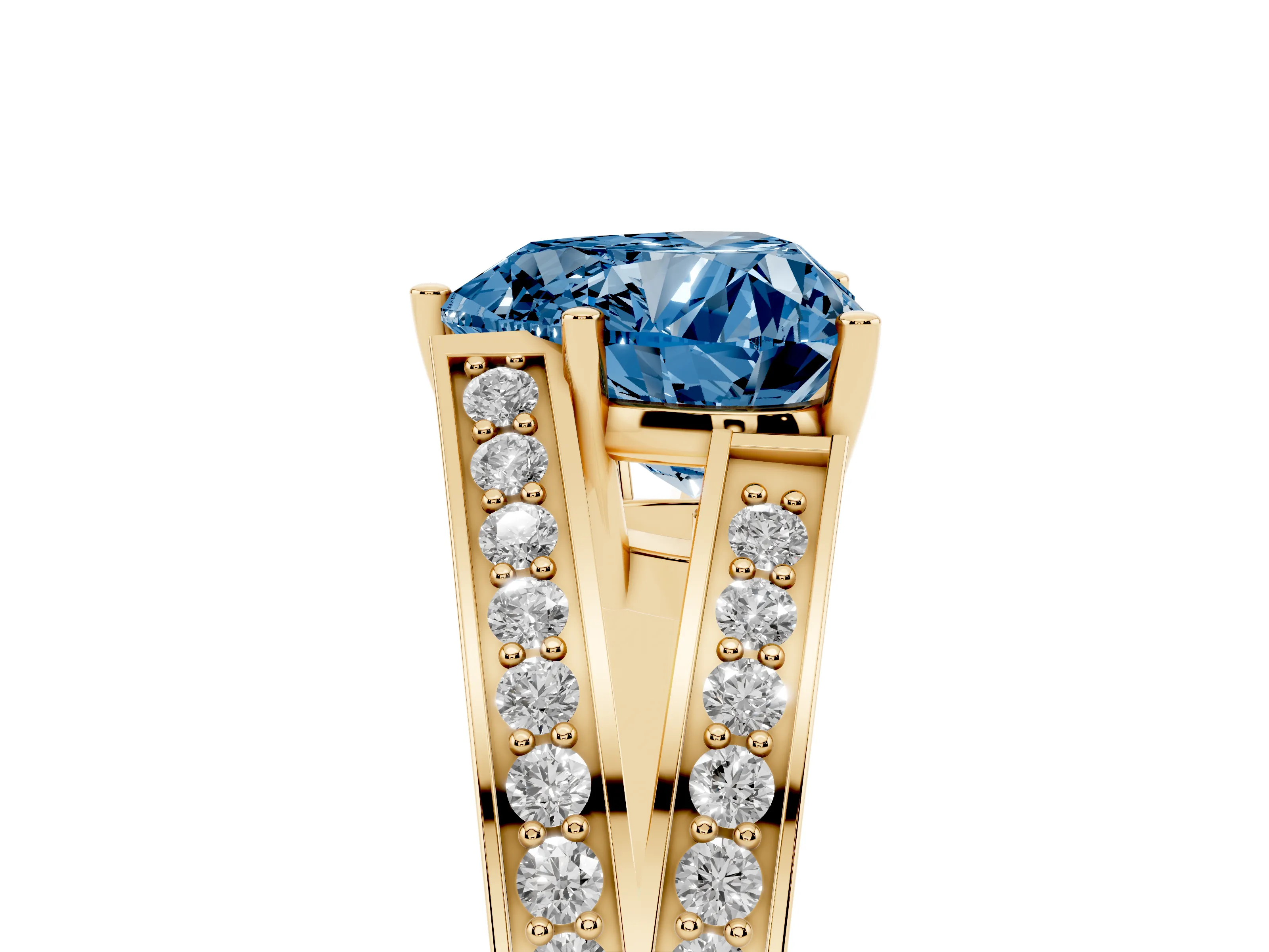 Fancy Blue Heart Cut Diamond Split Shank Ring Set in Yellow gold with Pavé Band and Prong Setting