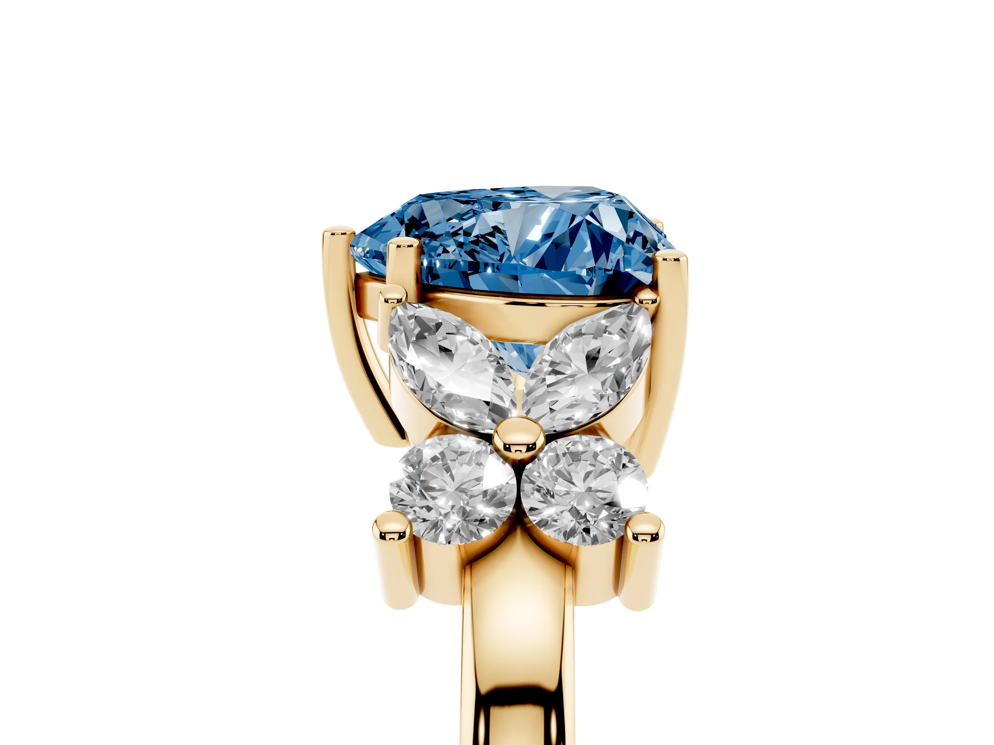 Fancy Blue Heart Cut Diamond Floral Cluster Ring Set in Yellow gold with Marquise Petals and Prong Setting