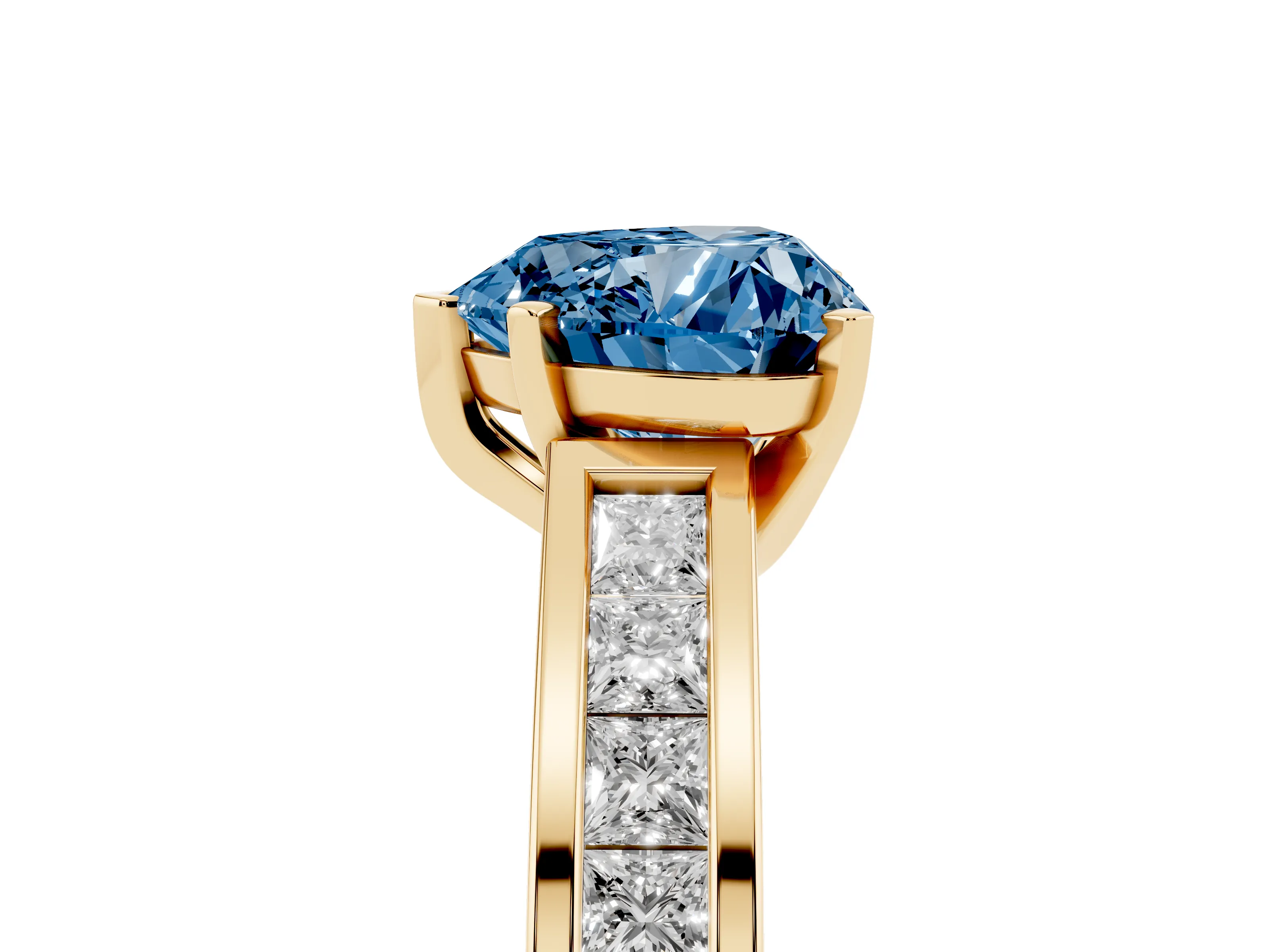 Fancy Blue Heart Cut Diamond Solitaire Ring Set in Yellow gold with Channel-Set Band and Prong Setting