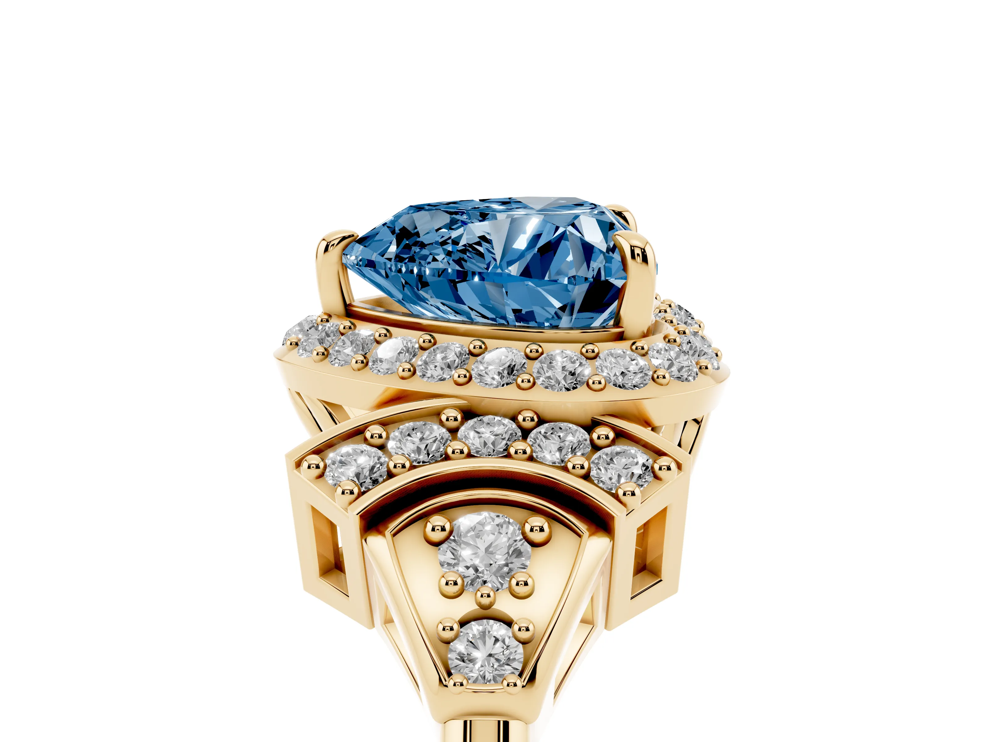 Fancy Blue Heart Cut Diamond Halo Engagement Ring Set in Yellow gold with Accent Stone Split Shank