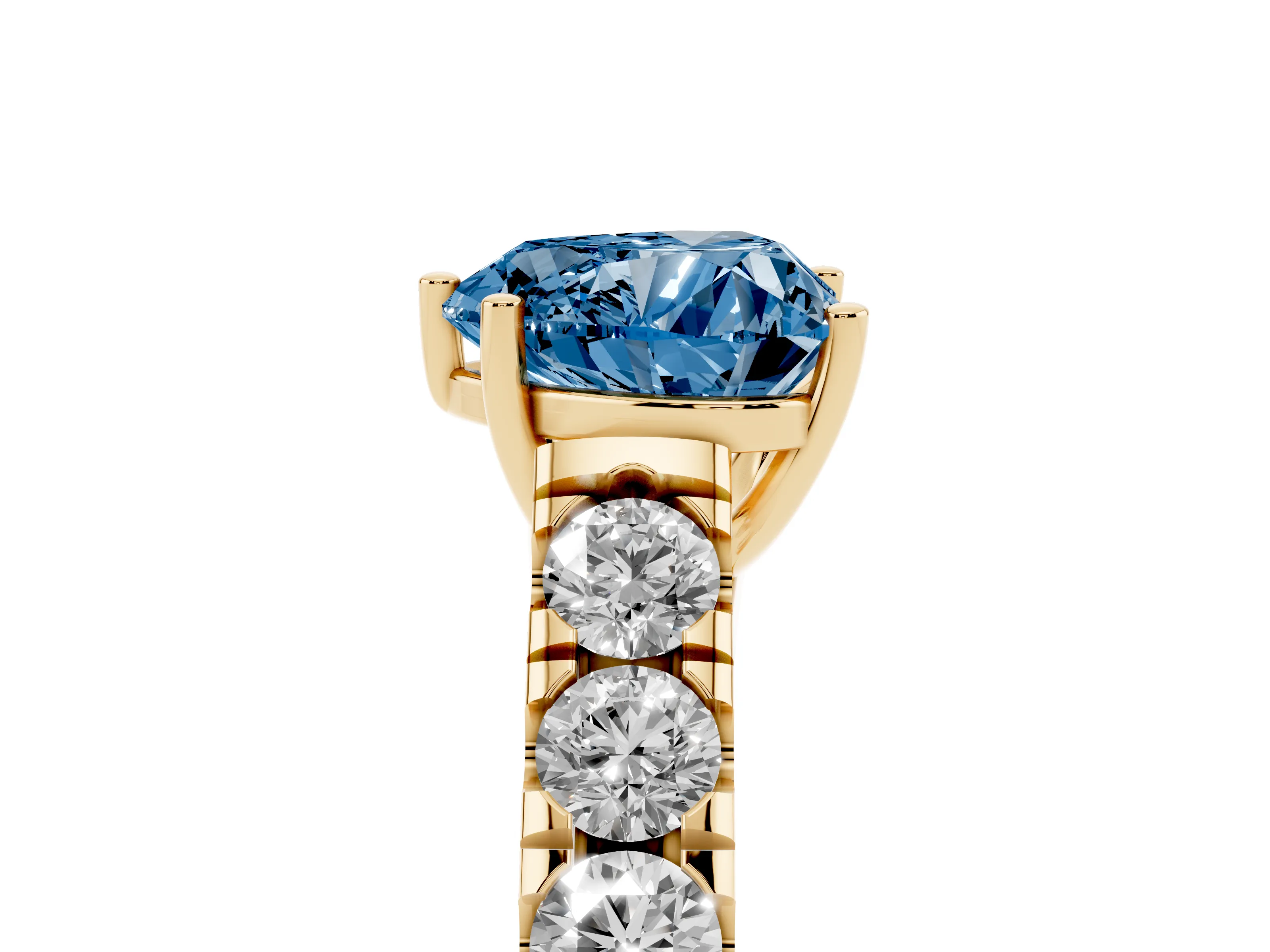 Fancy Blue Heart Cut Diamond Solitaire Ring Set in Yellow gold with Cut-Down Micro Pavé Band and Prong Setting