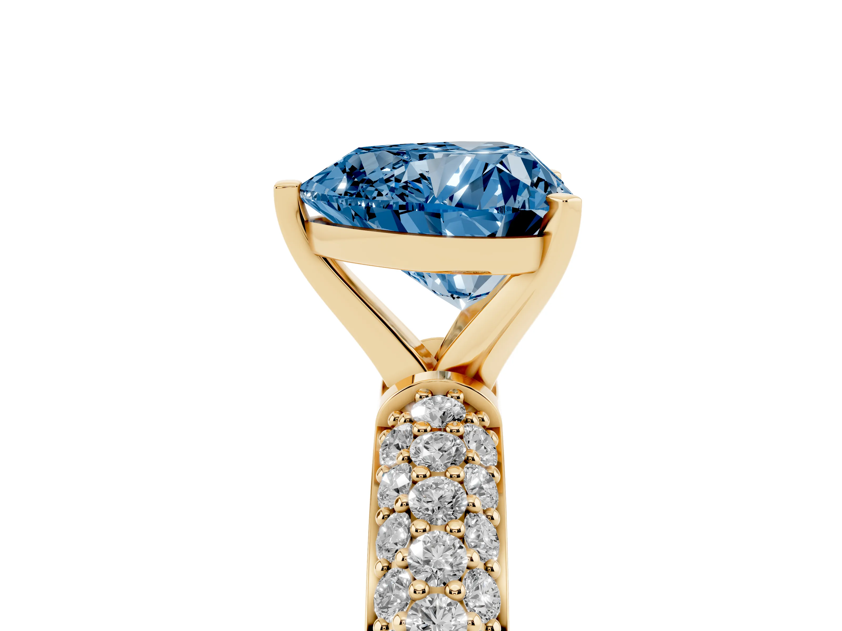 Fancy Blue Heart Cut Diamond Solitaire Ring Set in Yellow gold with Prong Setting and Pavé-Set Band