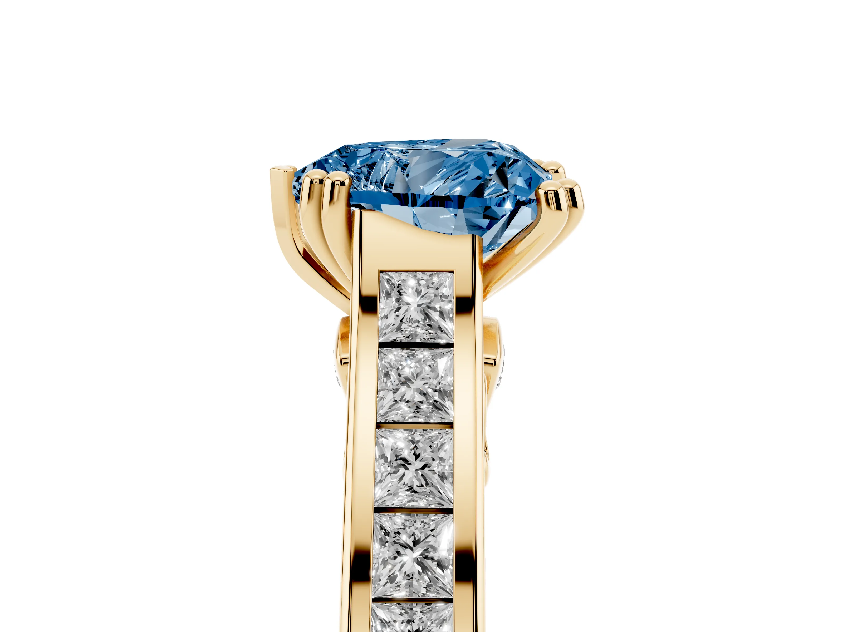 Fancy Blue Heart Cut Diamond Channel Set Solitaire Engagement Ring Set in Yellow gold with Prong Setting