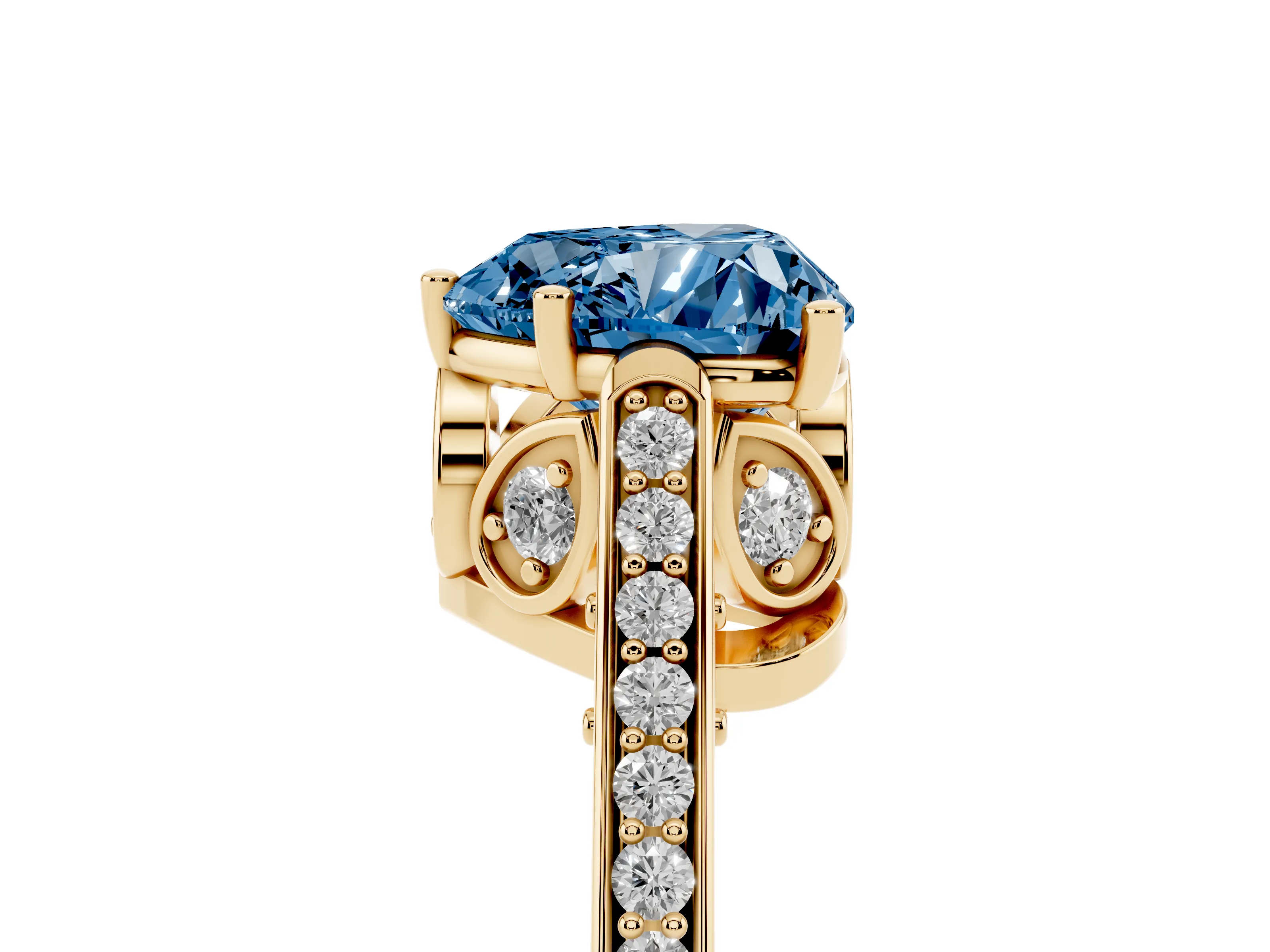 Fancy Blue Heart Cut Diamond Cathedral Pavé Engagement Ring Set in Yellow gold with Prong Setting