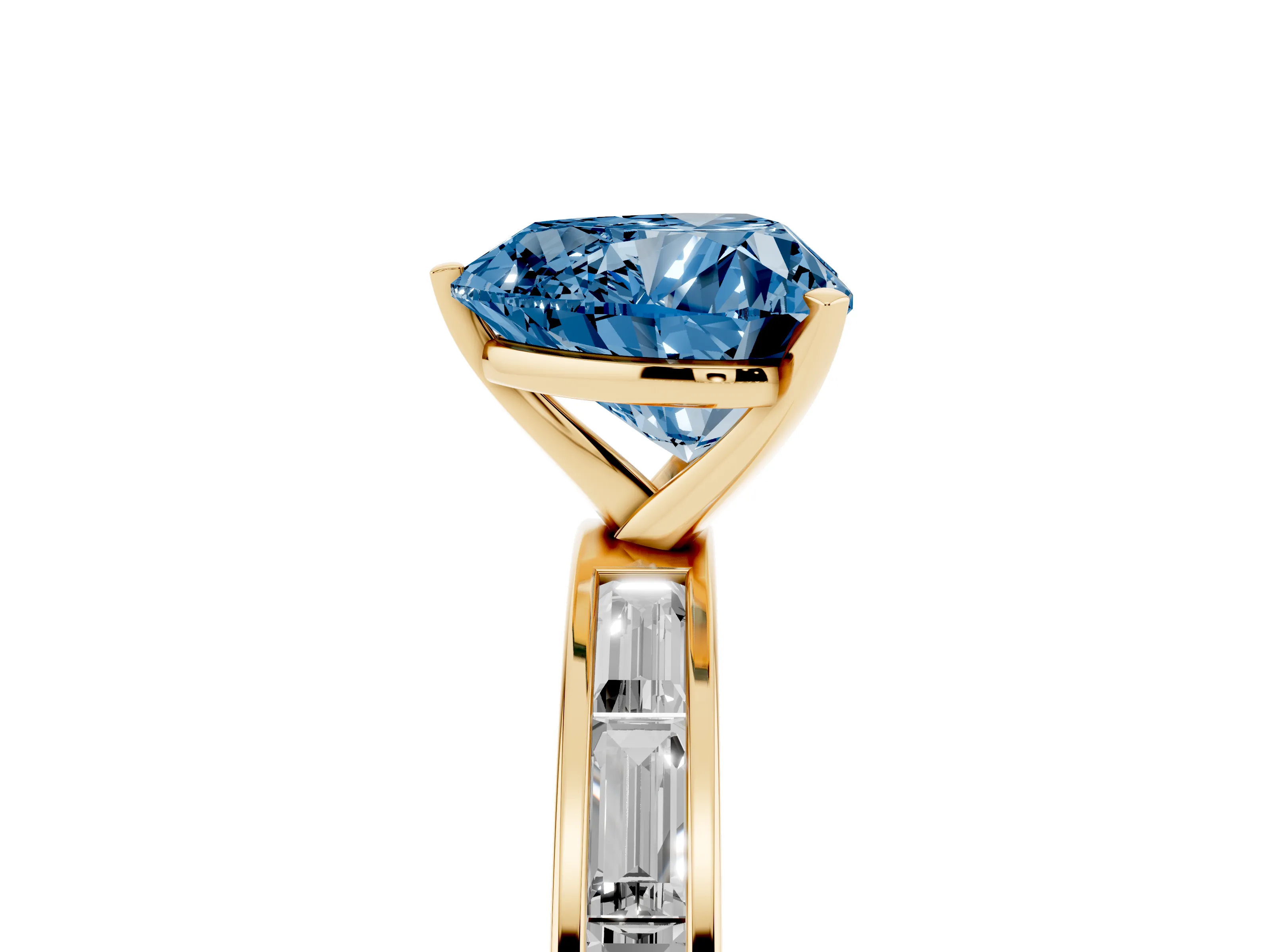 Fancy Blue Heart Cut Diamond Solitaire Ring Set in Yellow gold with Channel-Set Baguette Band and Prong Setting