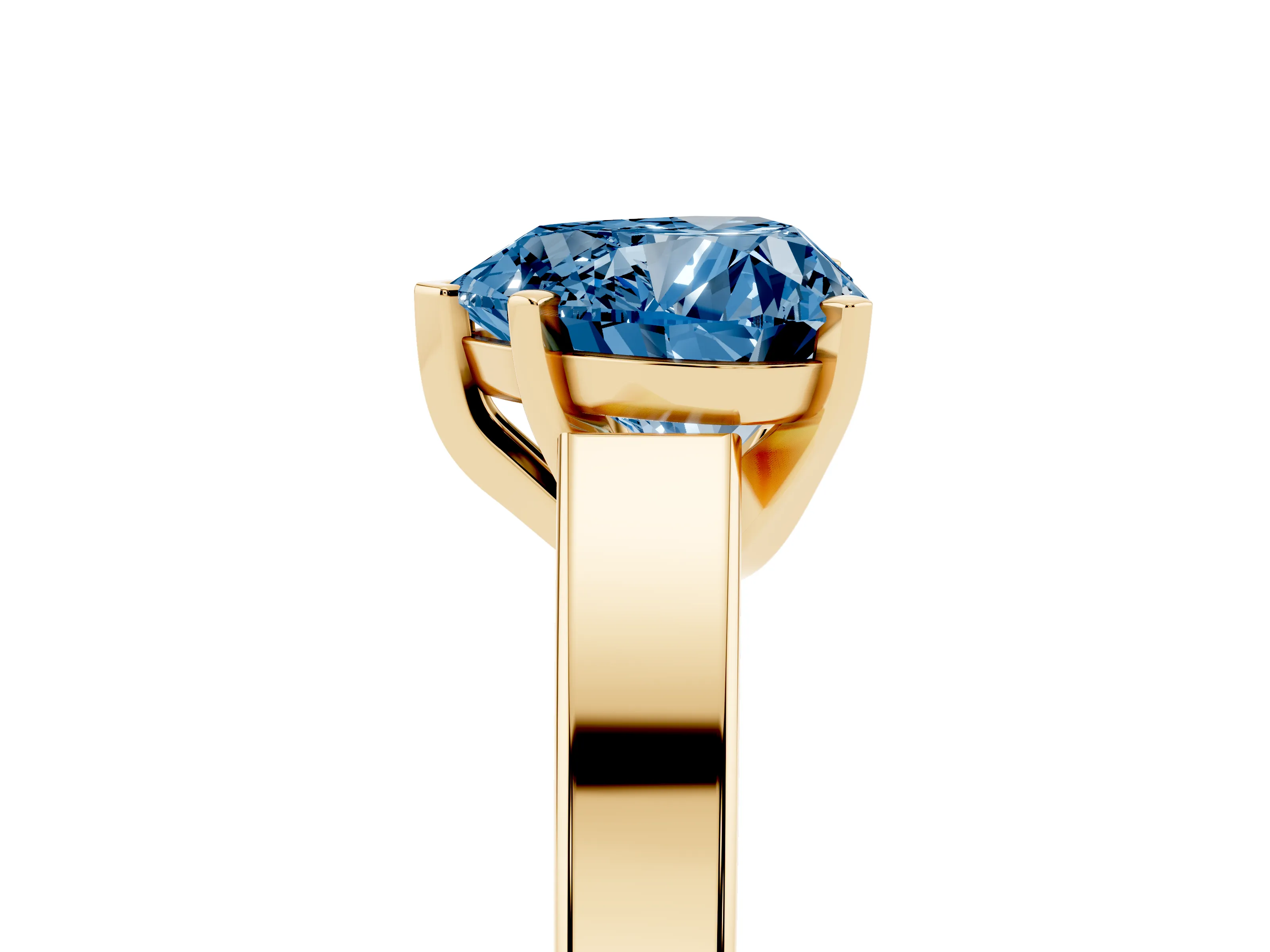 Fancy Blue Heart Cut Diamond Solitaire Engagement Ring Set in Yellow gold with Prong Setting and Tapered Band