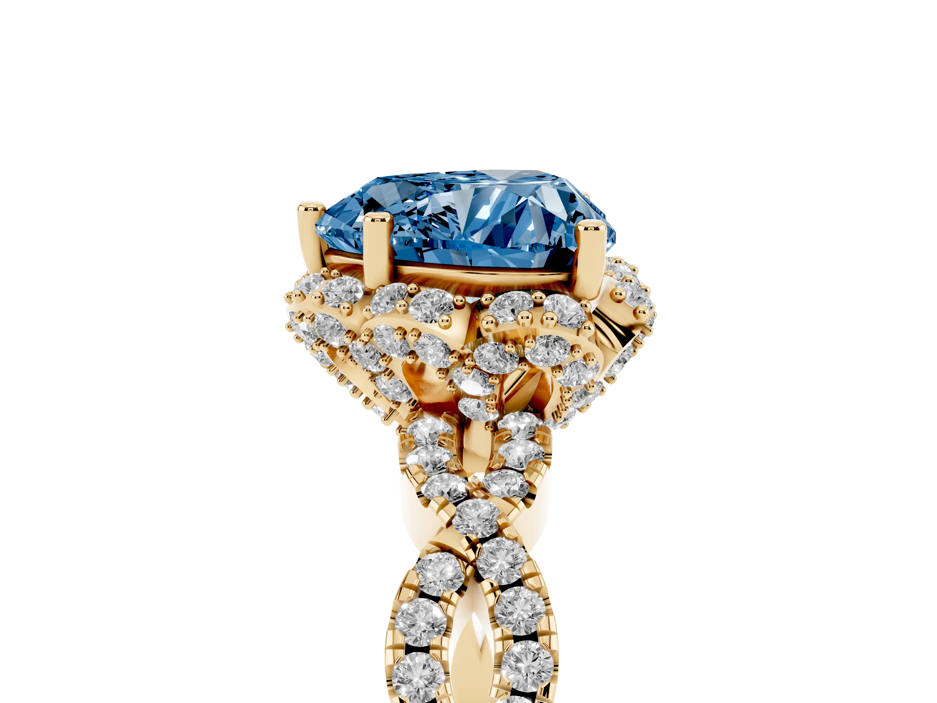 Fancy Blue Heart Cut Diamond Halo Twist Band Solitaire Ring Set in Yellow gold with Prong-Set Center Stone