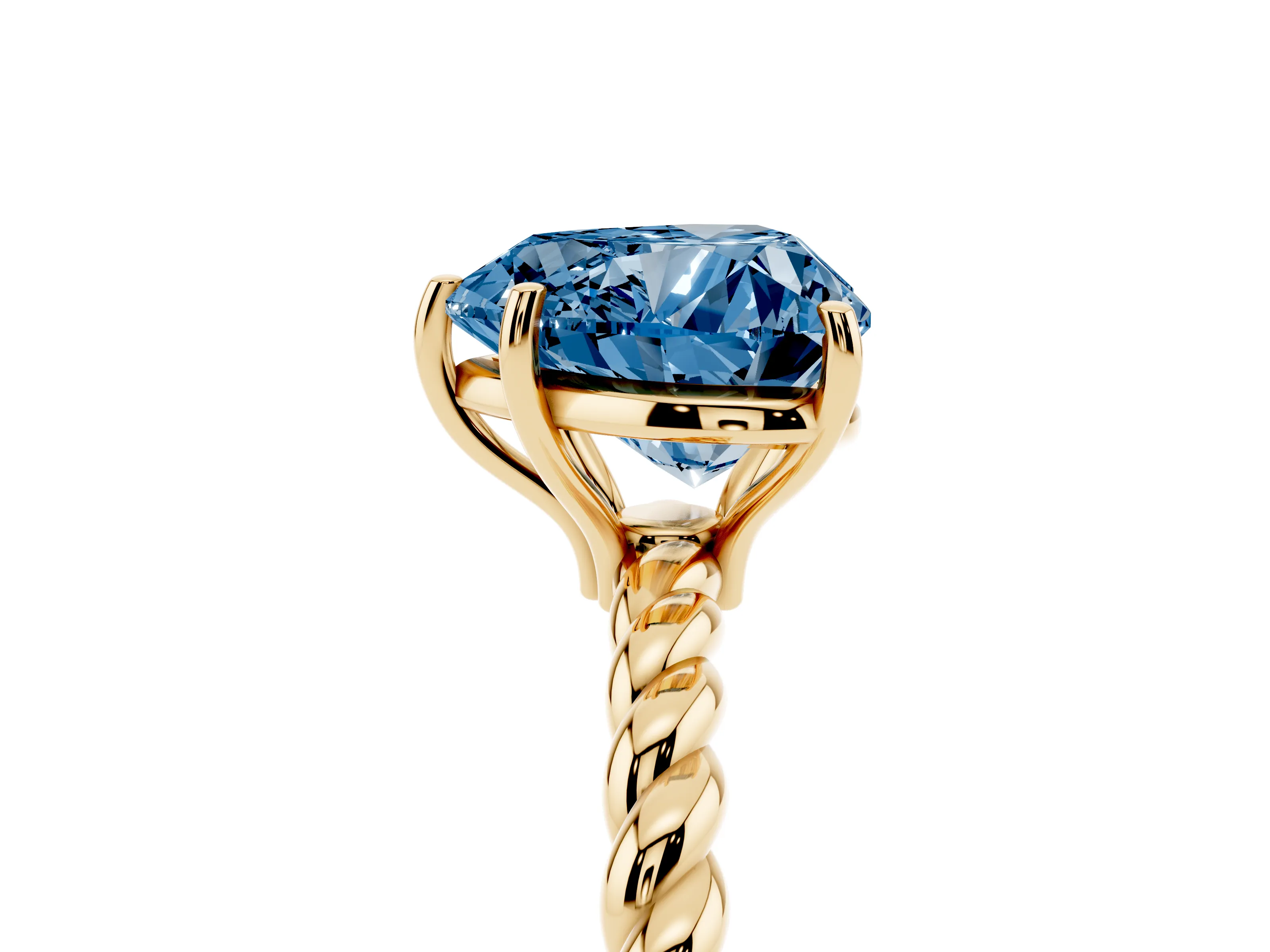 Fancy Blue Heart Cut Diamond Solitaire Ring Set in Yellow gold with Twist Band and Prong Setting