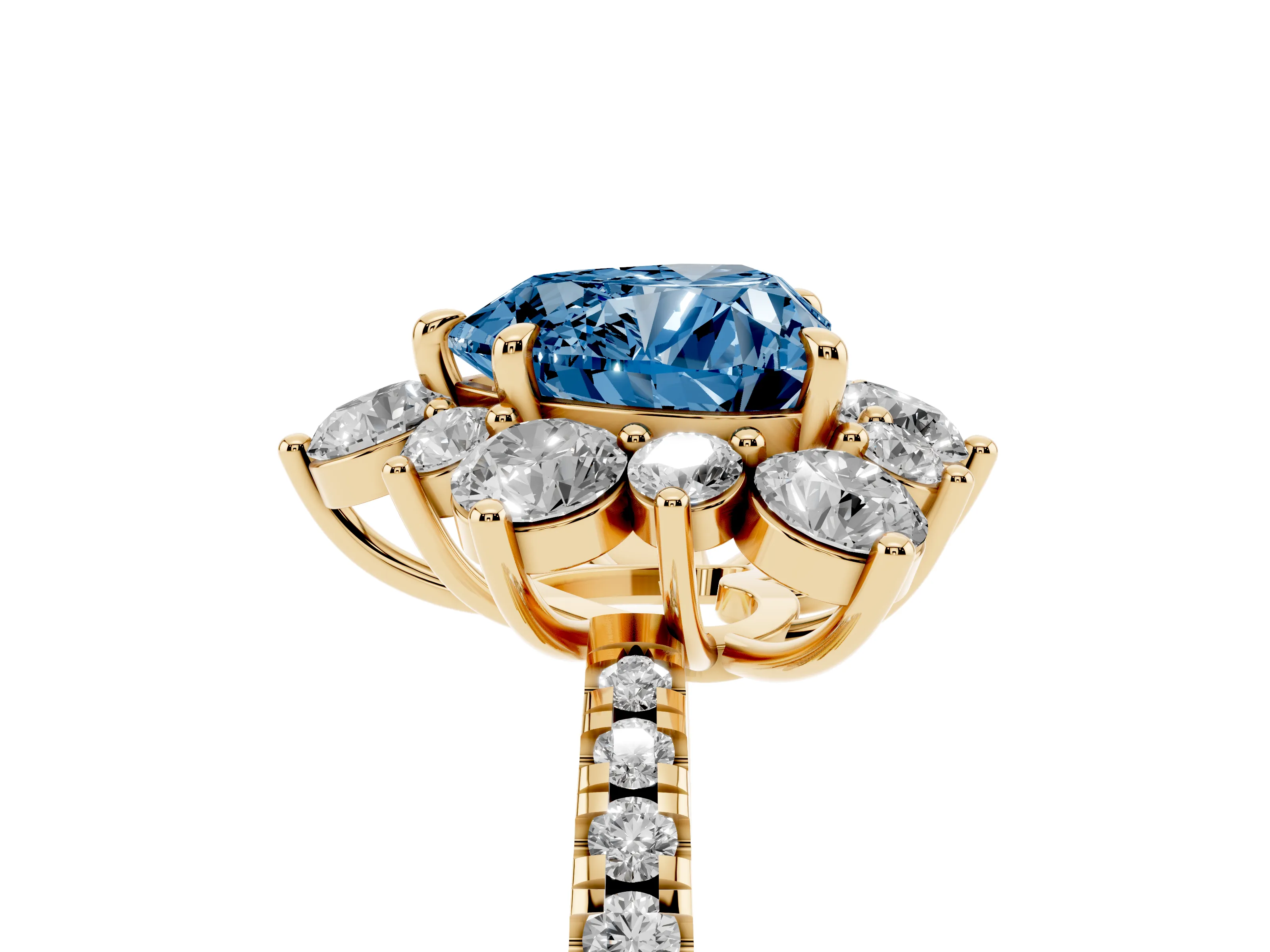 Fancy Blue Heart Cut Diamond Floral Halo Ring Set in Yellow gold with Round Pavé Band and Prong Setting