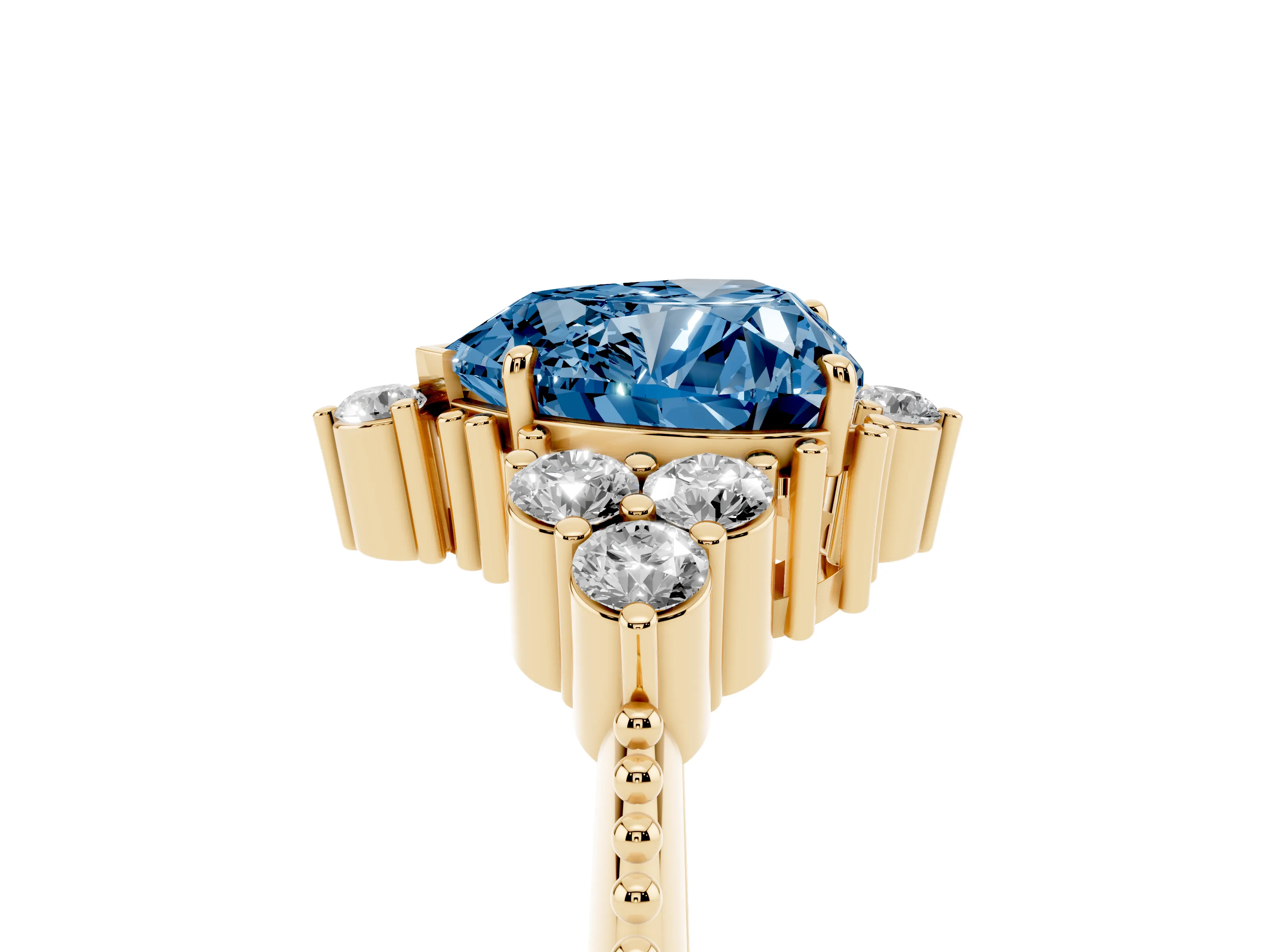 Fancy Blue Heart Cut Diamond Cluster Ring Set in Yellow gold with Beaded Band