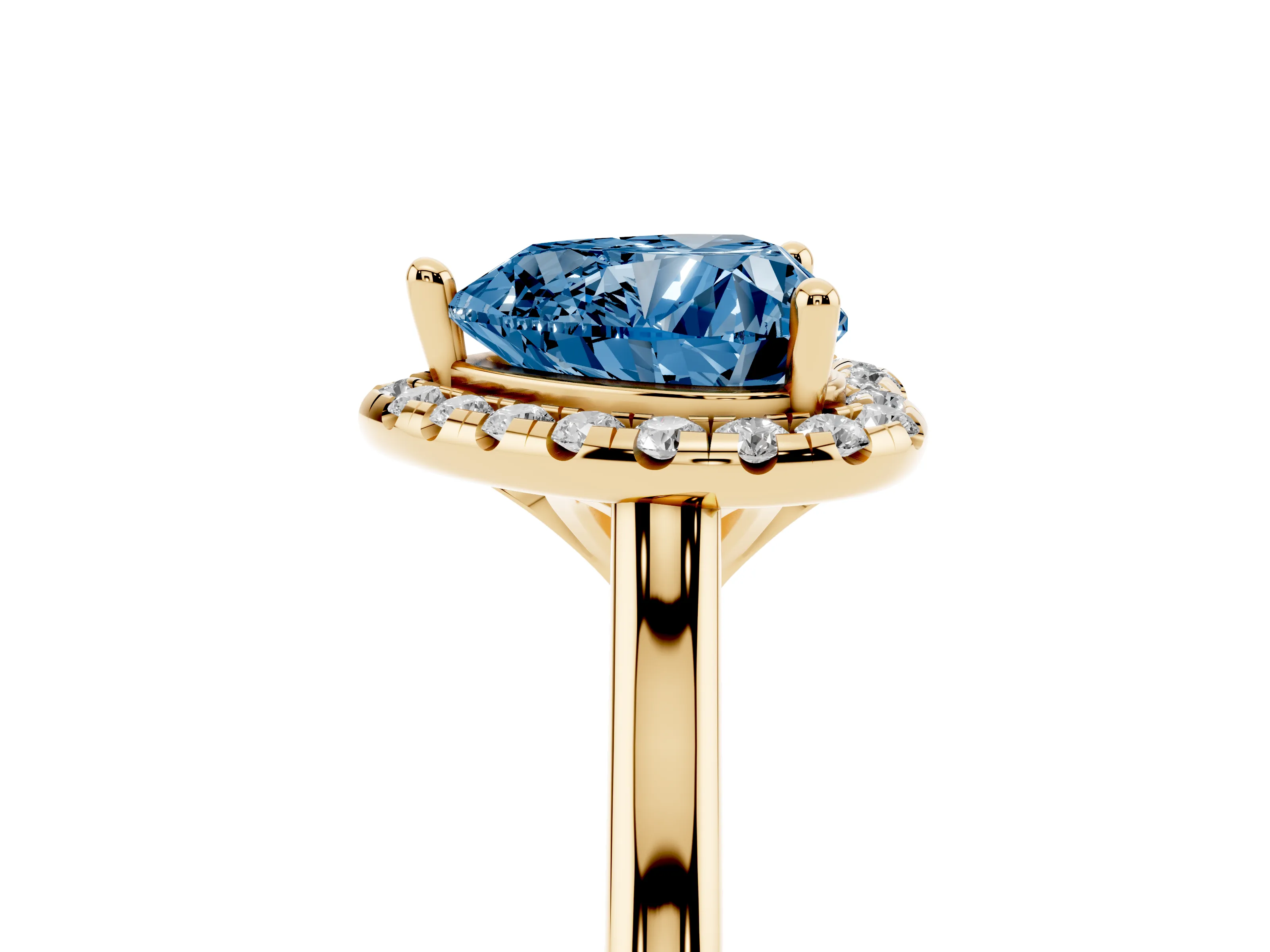 Fancy Blue Heart Cut Diamond Halo Engagement Ring Set in Yellow gold with Pavé Band and Rising Shoulders