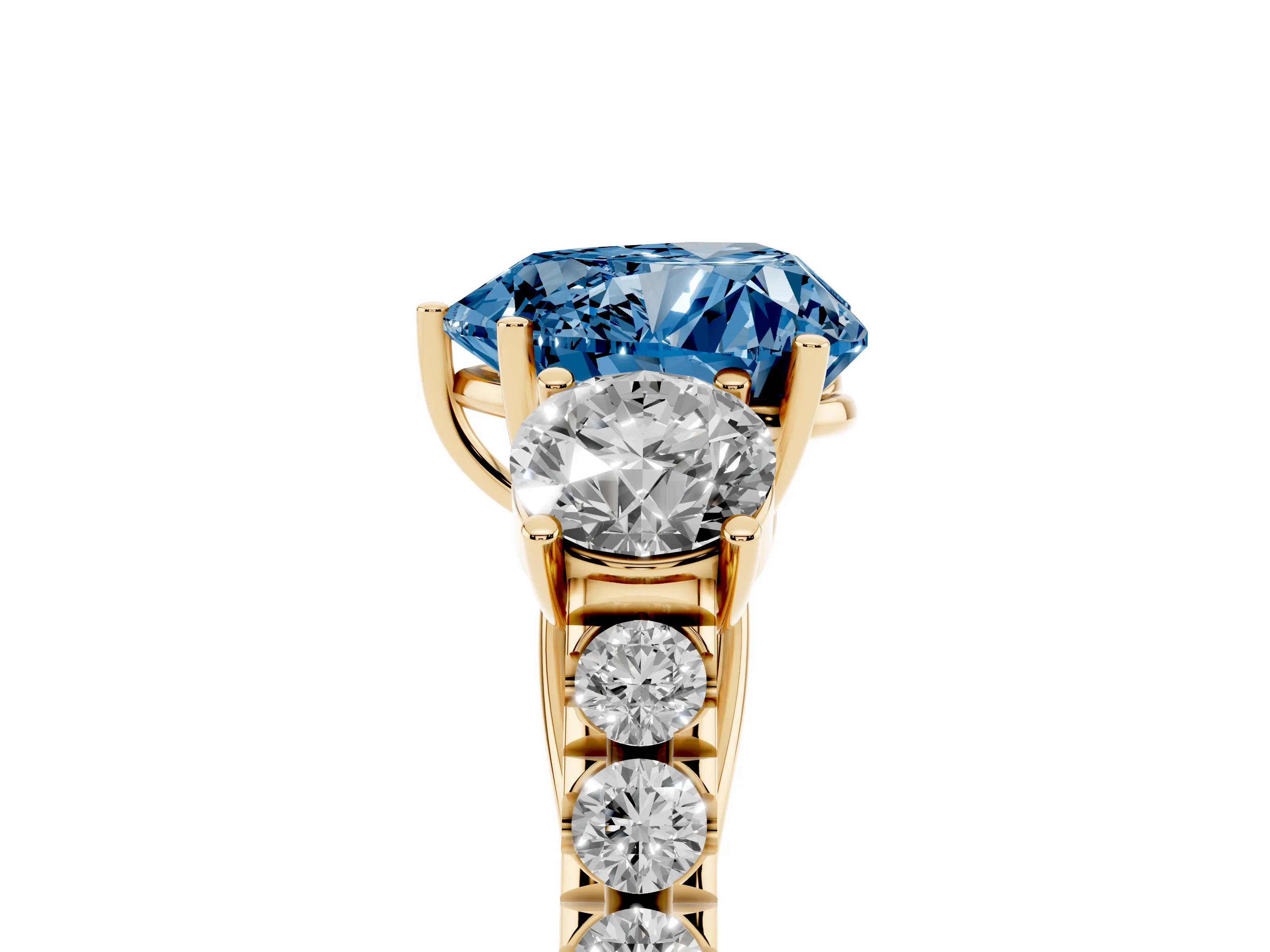 Fancy Blue Heart Cut Diamond Three-Stone Ring Set in Yellow gold with Round Side Stones and Delicate Pavé Band