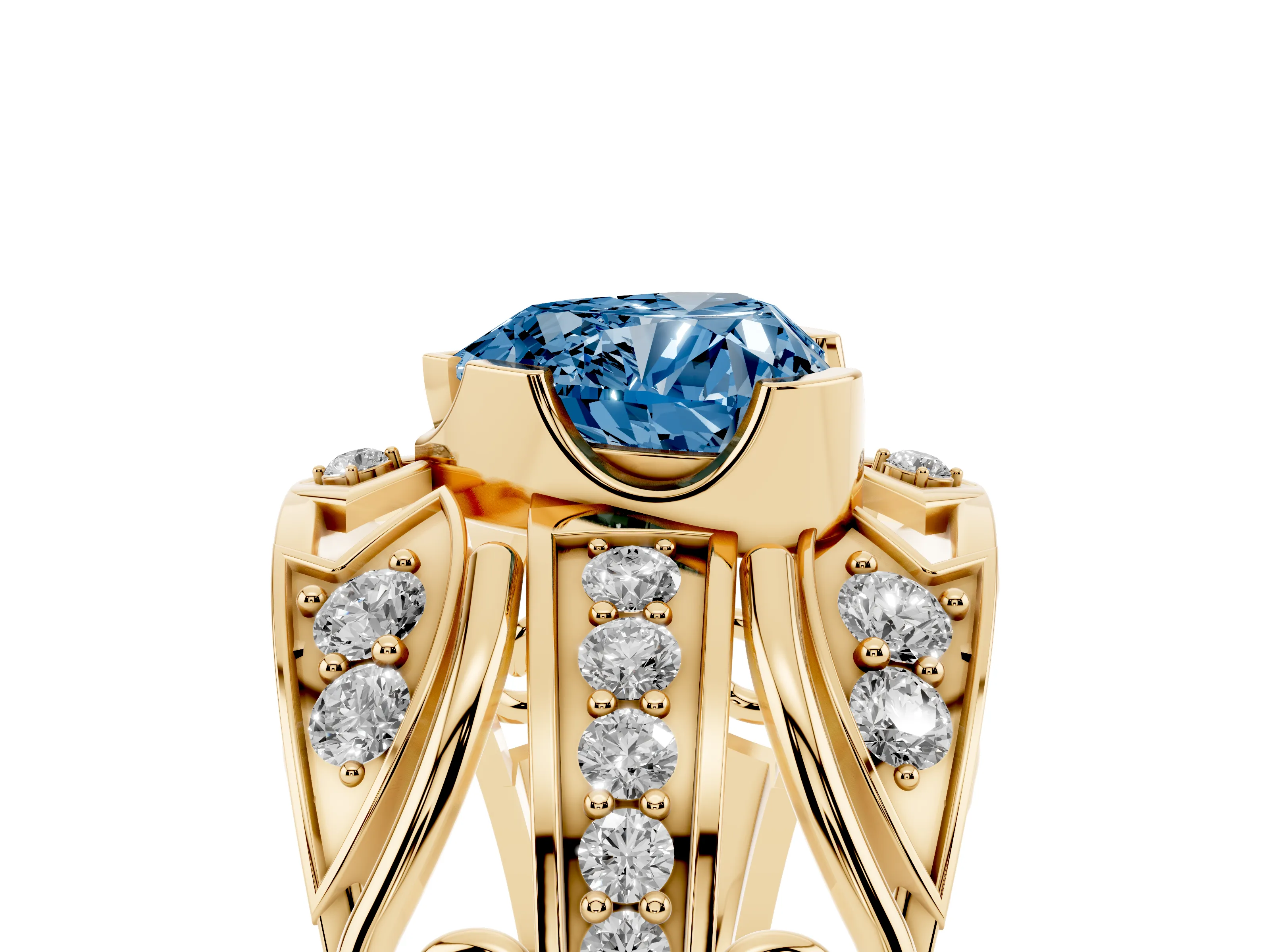 Fancy Blue Heart Cut Diamond Art Deco Ring Set in Yellow gold with Pavé Split Shank